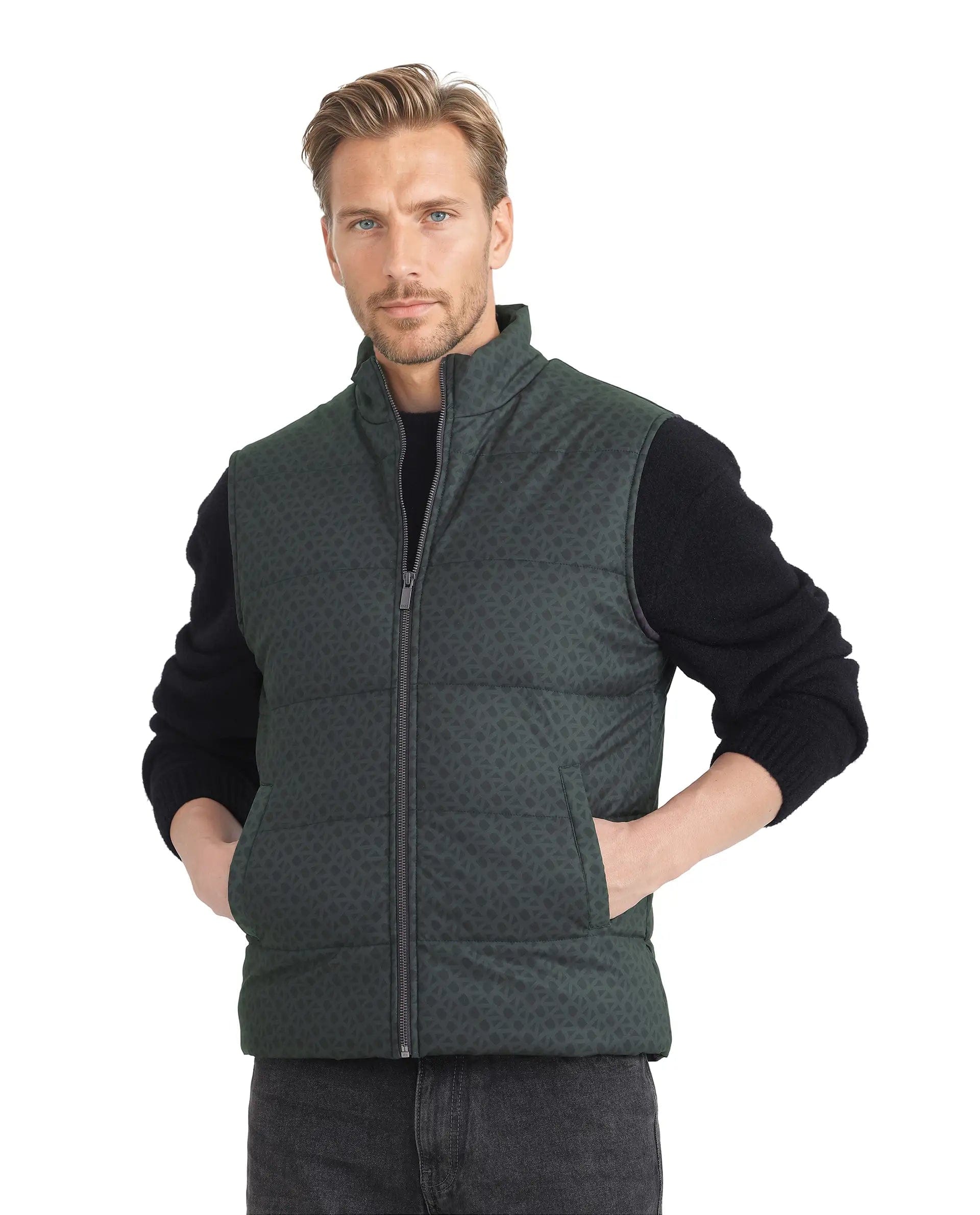 RARE Rabbit Men's Darif Petrol Polyester Monogram Print Regular Fit Sleeveless High Neck Jacket