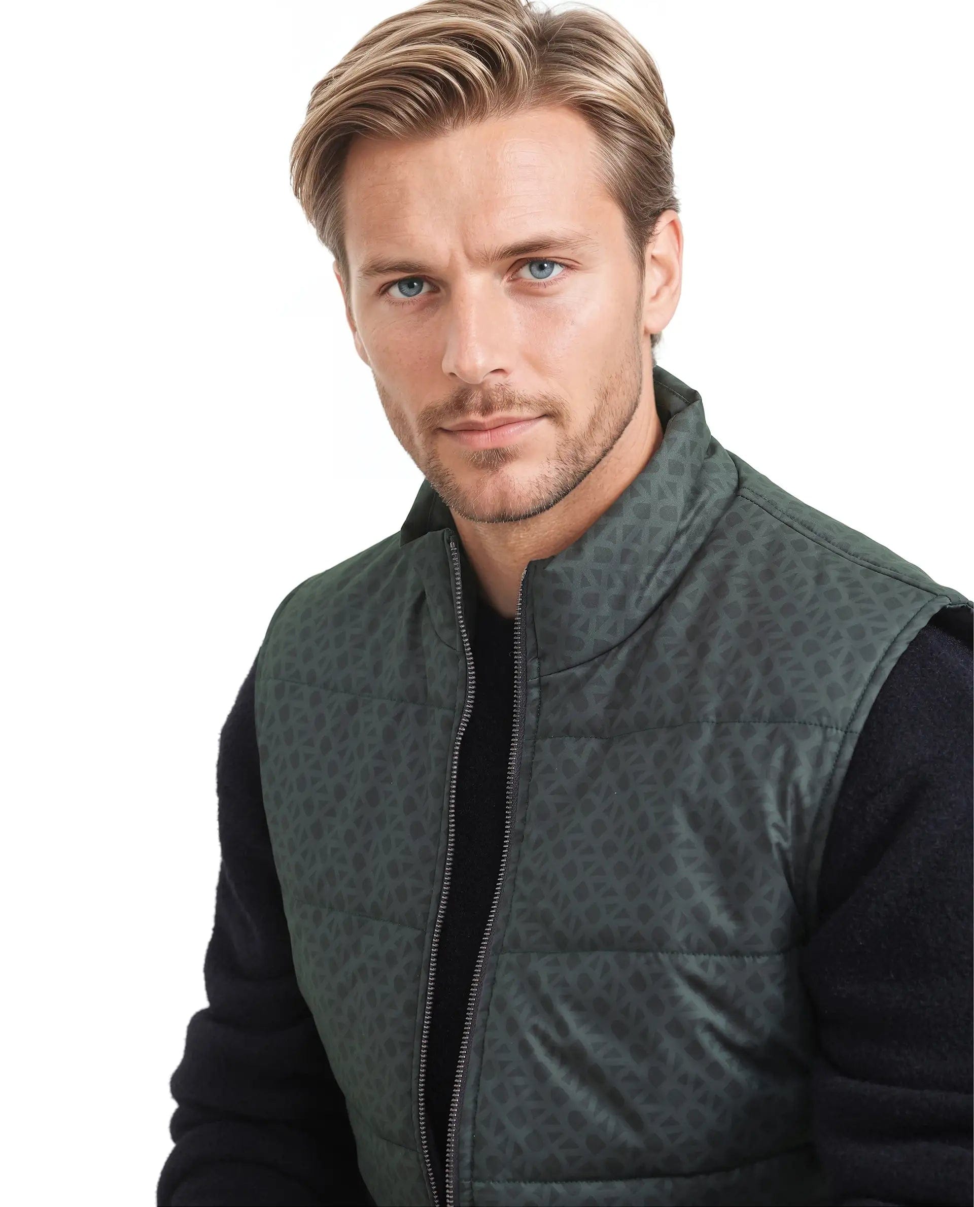 RARE Rabbit Men's Darif Petrol Polyester Monogram Print Regular Fit Sleeveless High Neck Jacket