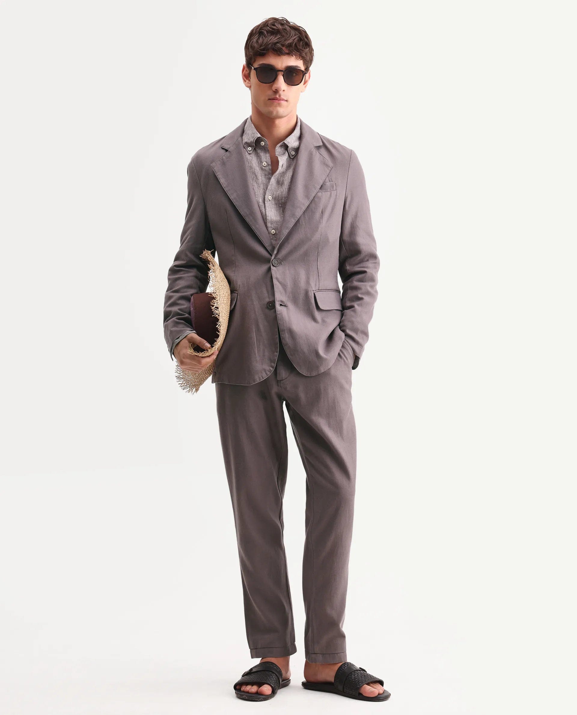 RARE Rabbit Men's Linol Grey Linen Blend Fabric Lapel Neck Tailored Fit Plain Blazer