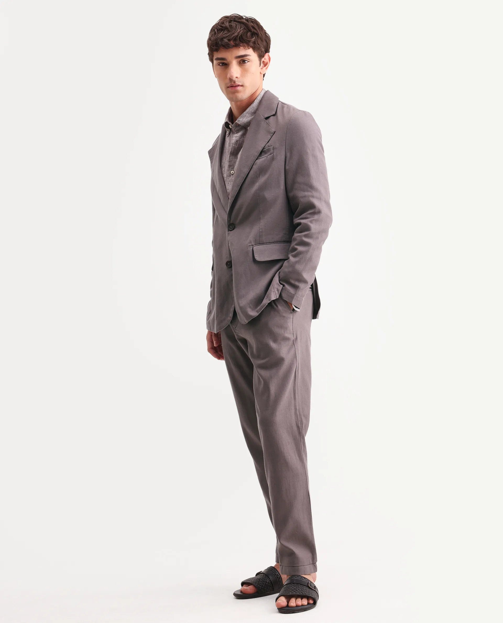 RARE Rabbit Men's Linol Grey Linen Blend Fabric Lapel Neck Tailored Fit Plain Blazer