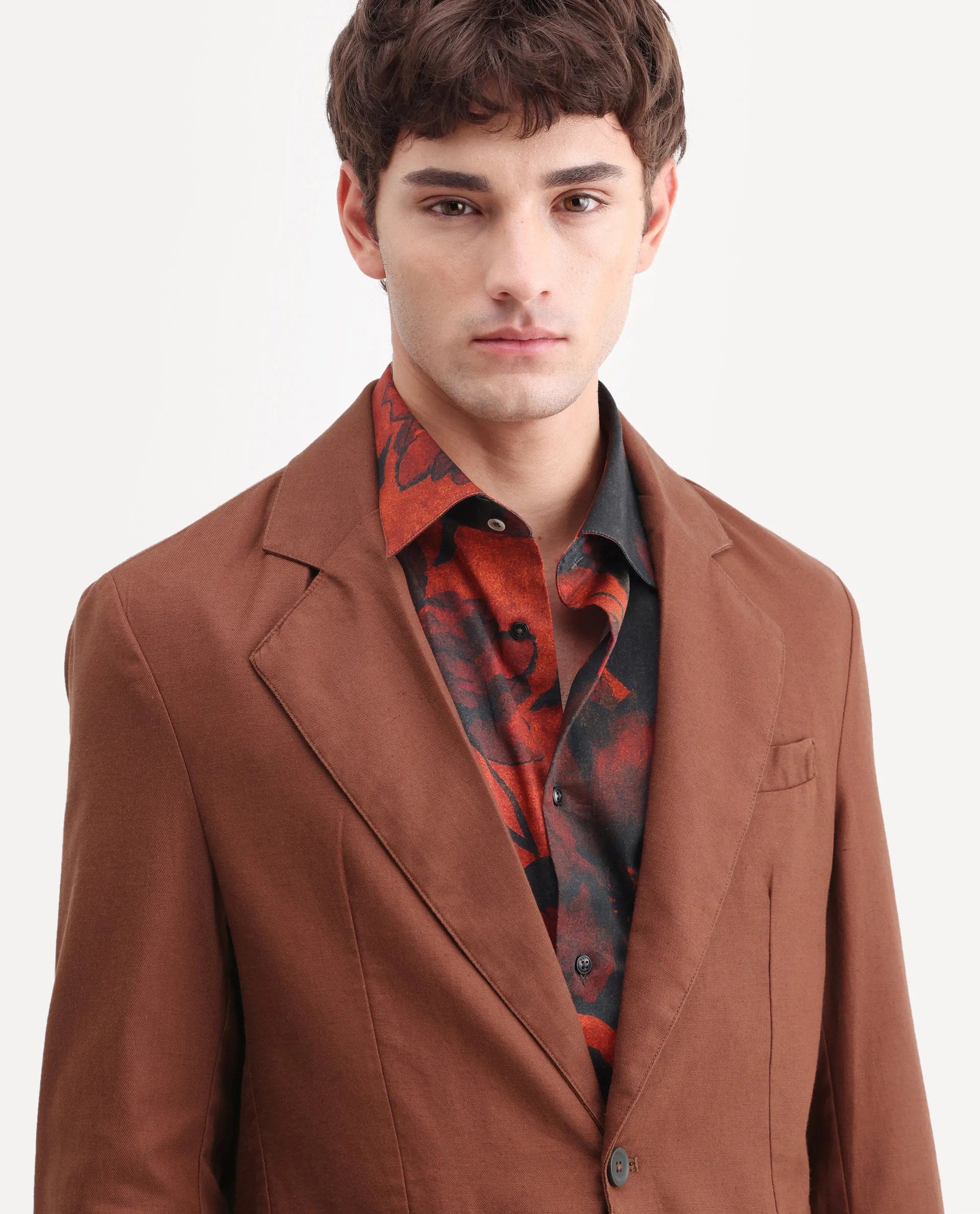 RARE Rabbit Men's Linol Brown Linen Blend Fabric Lapel Neck Tailored Fit Plain Blazer