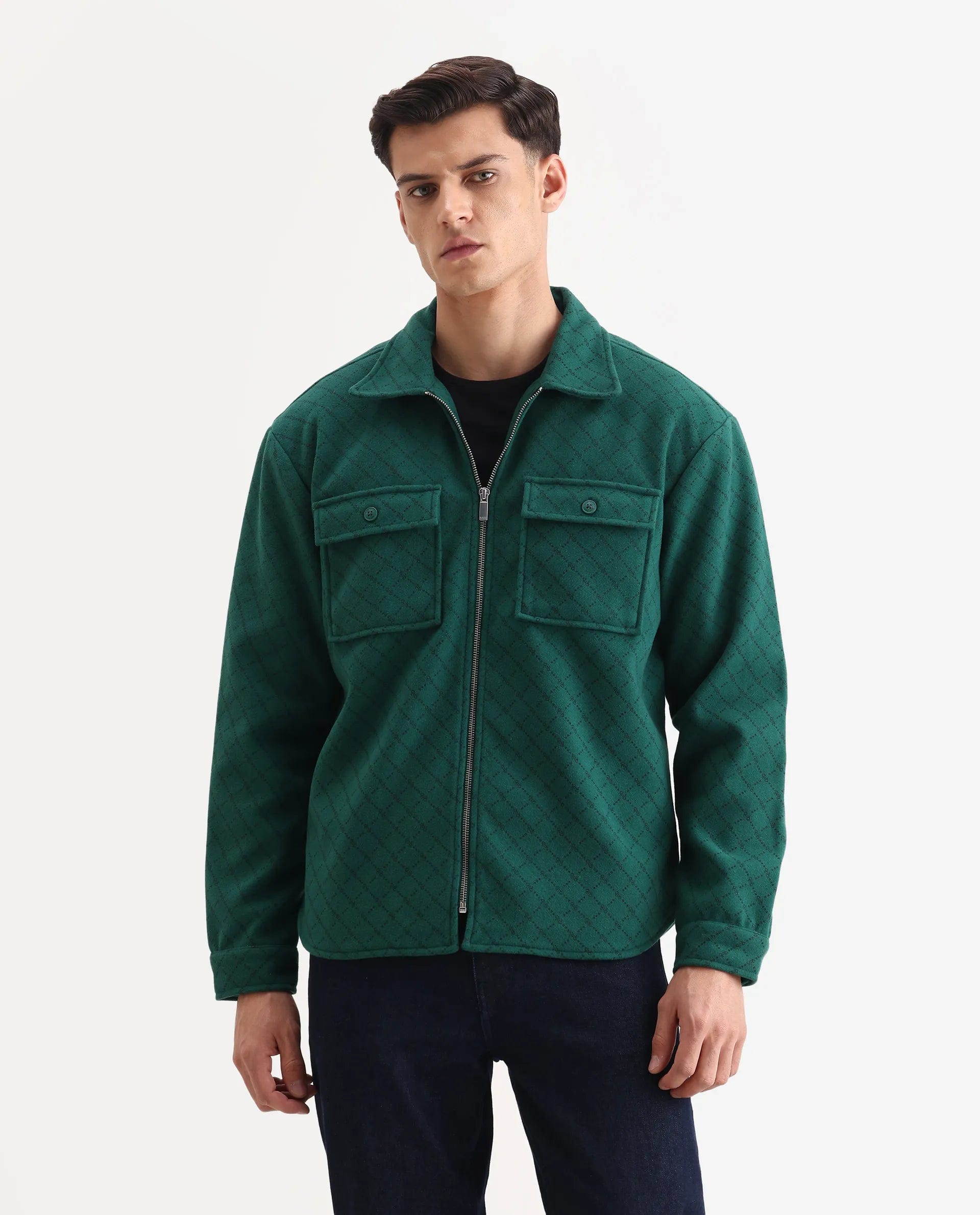RARE Rabbit Men's Lybro Green Polyester Monogram Print Regular Fit Full Sleeve Spread Collar Jacket