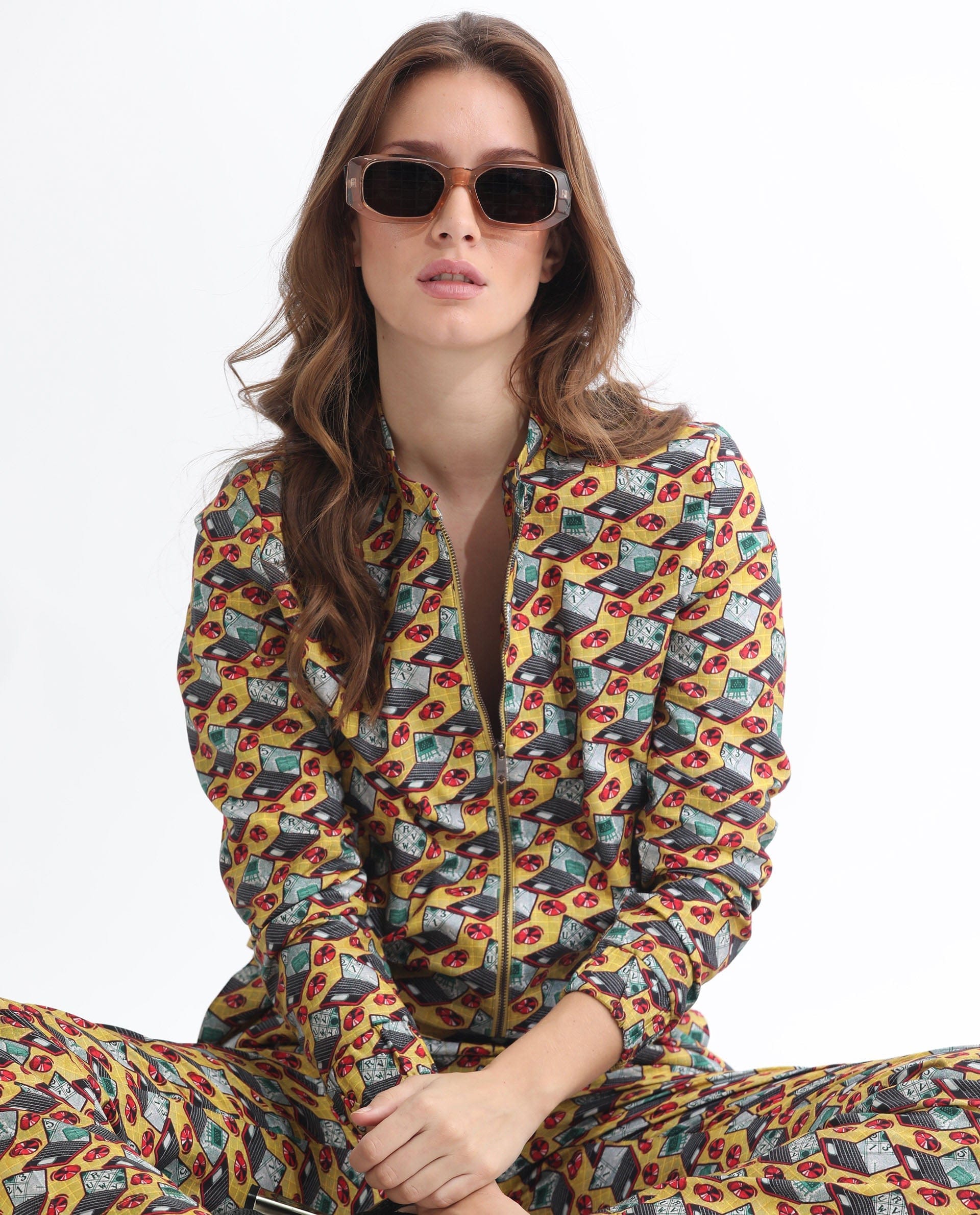 Rareism Women's Hertie - T Yellow Cotton Blend Mandarin Collar Geometric Print Regular Fit Jacket