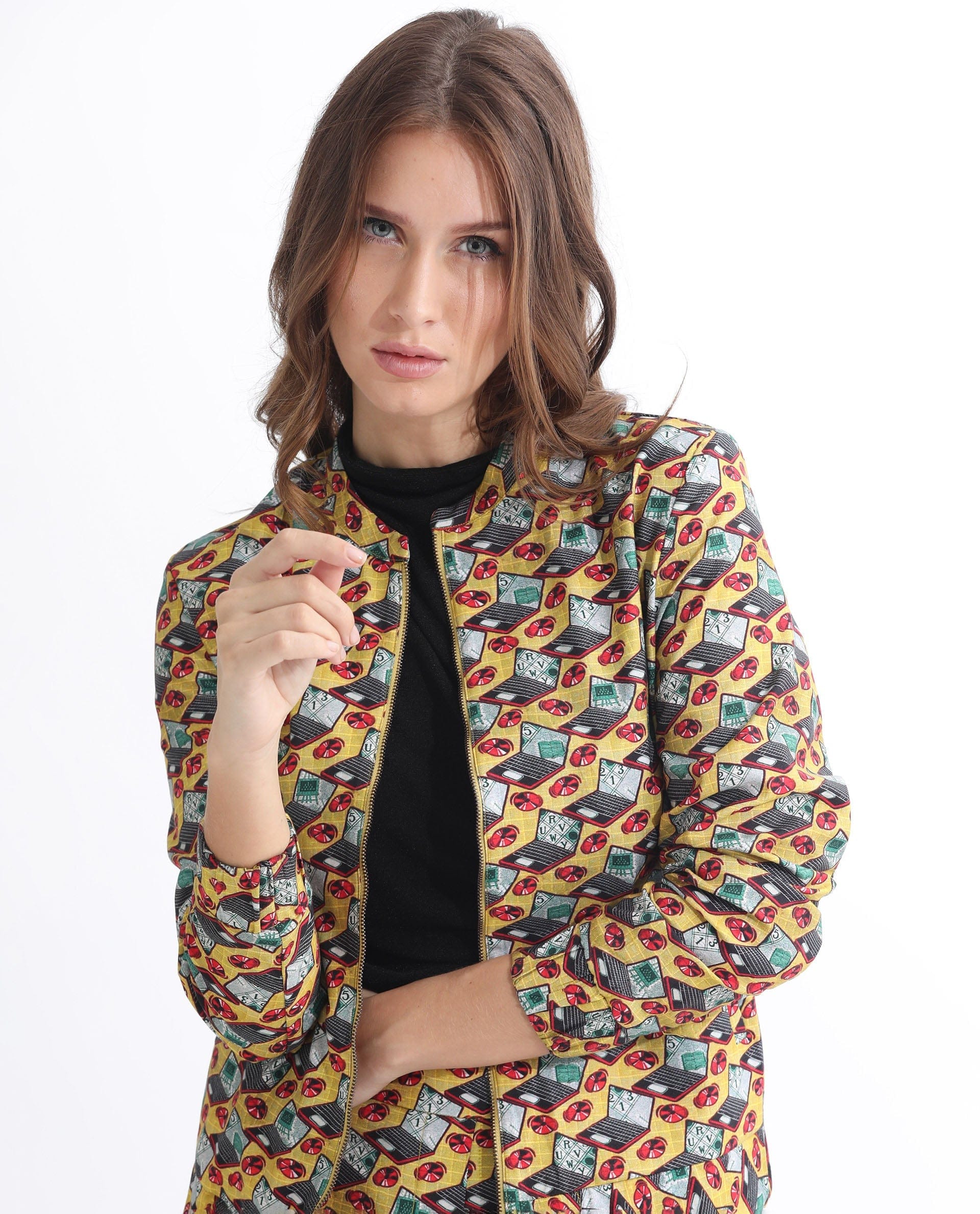 Rareism Women's Hertie - T Yellow Cotton Blend Mandarin Collar Geometric Print Regular Fit Jacket