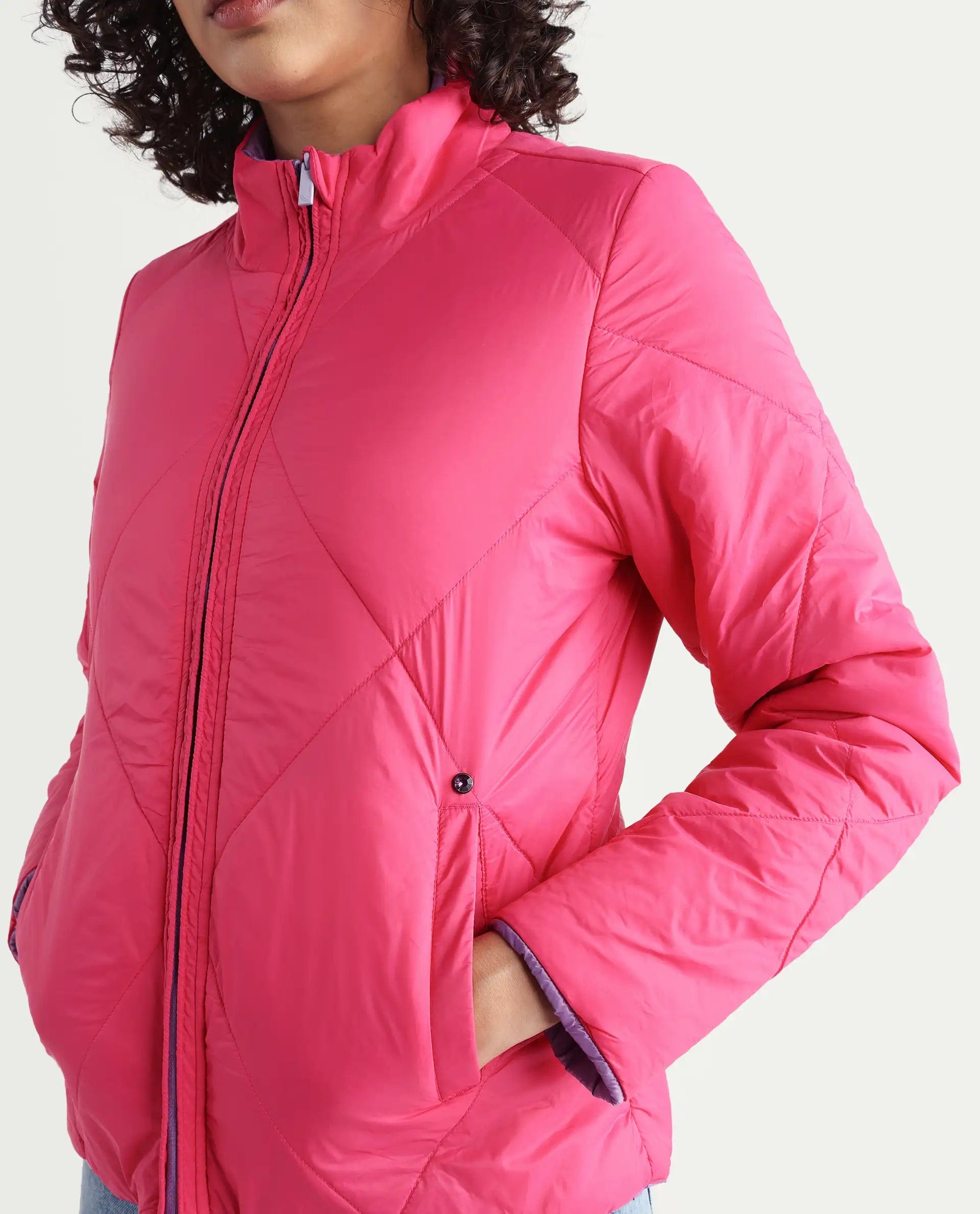 Rareism Women's Cora 1 Purple Nylon High Neck Plain Regular Fit Jacket