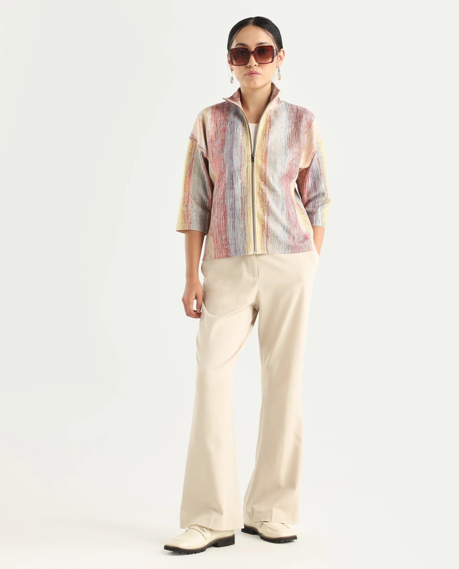 Rareism Women's Vasa Light Multi Polyester Blend Stand Collar Abstract Print Boxy Fit Jacket