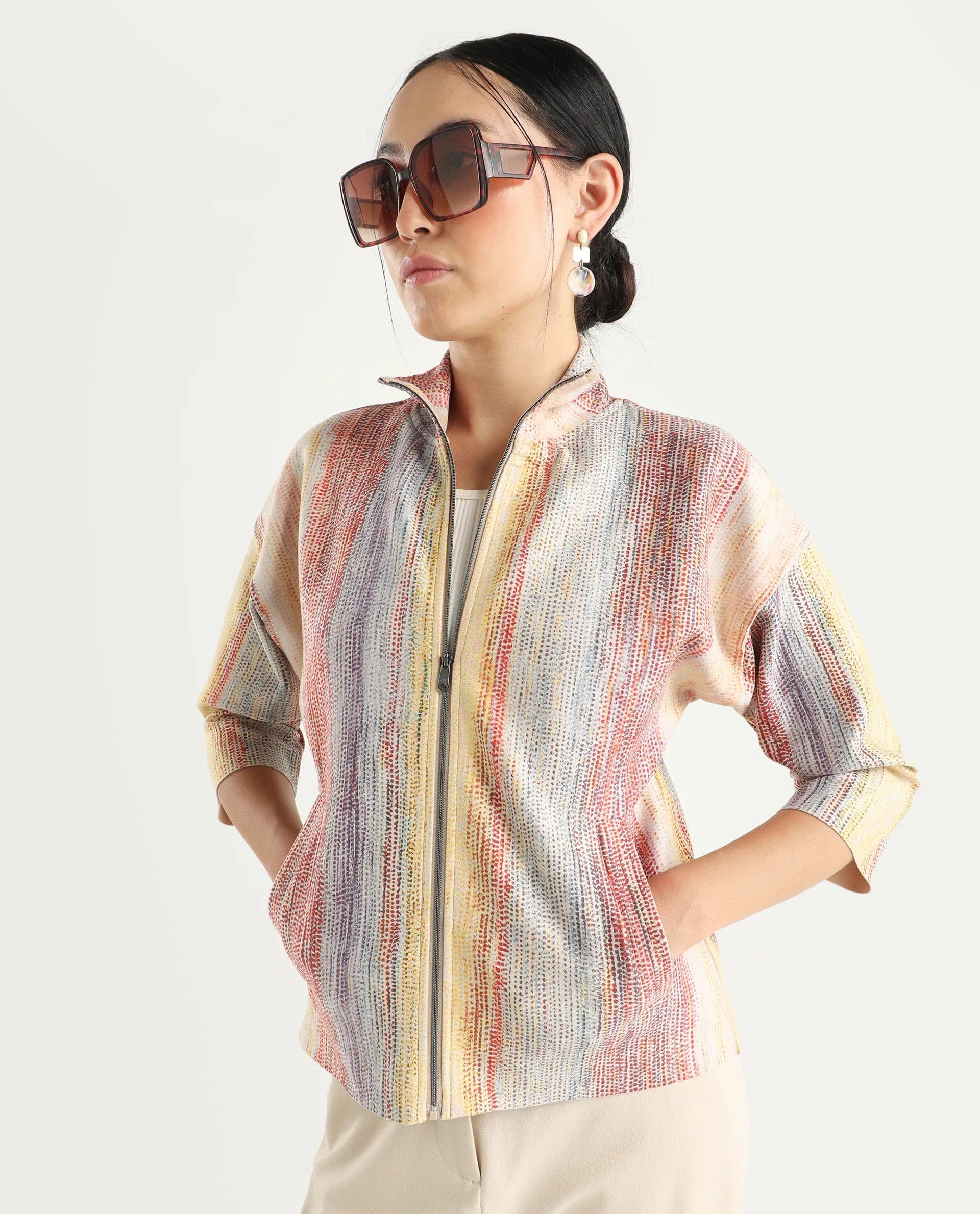 Rareism Women's Vasa Light Multi Polyester Blend Stand Collar Abstract Print Boxy Fit Jacket