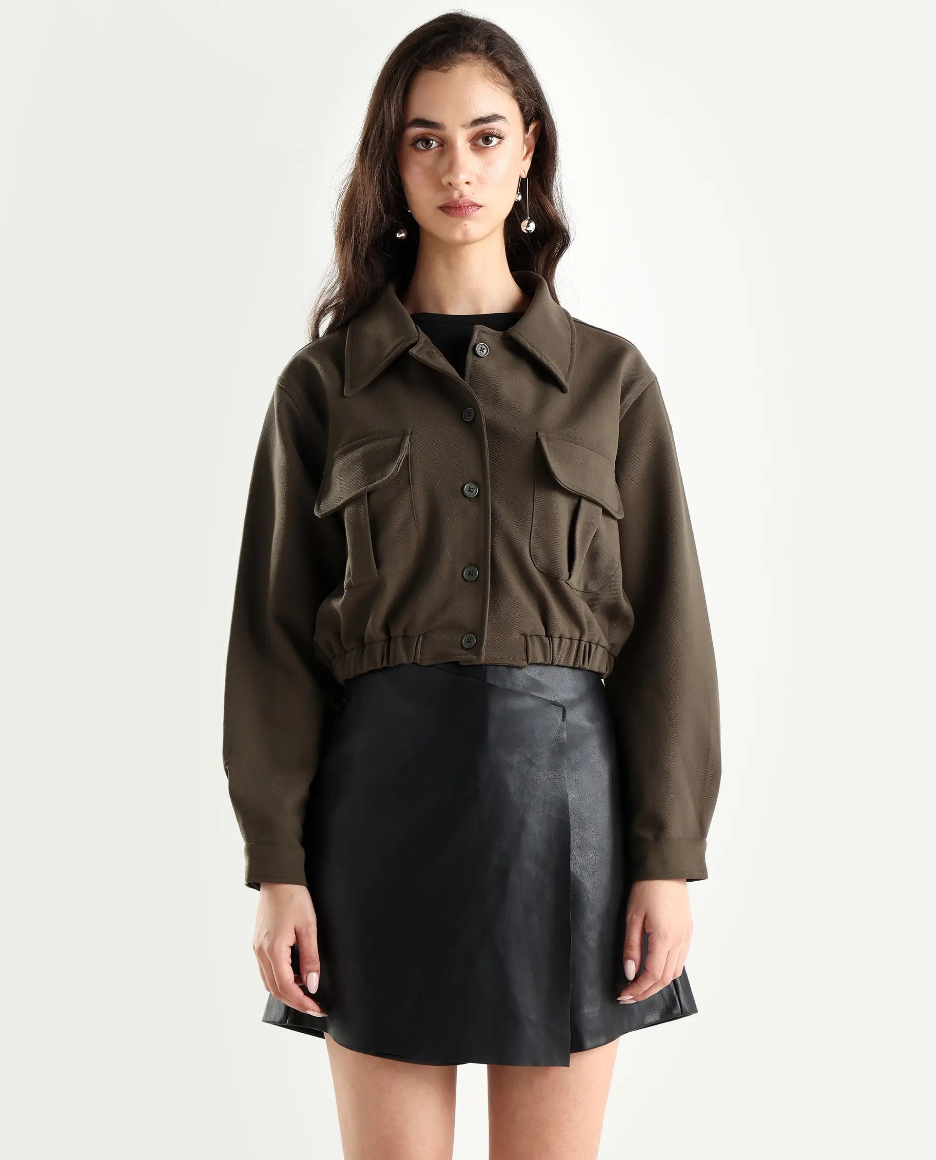 Rareism Women's Hobart Olive Spread Collar Plain Cuffed Sleeve Crop Regular Fit Jacket