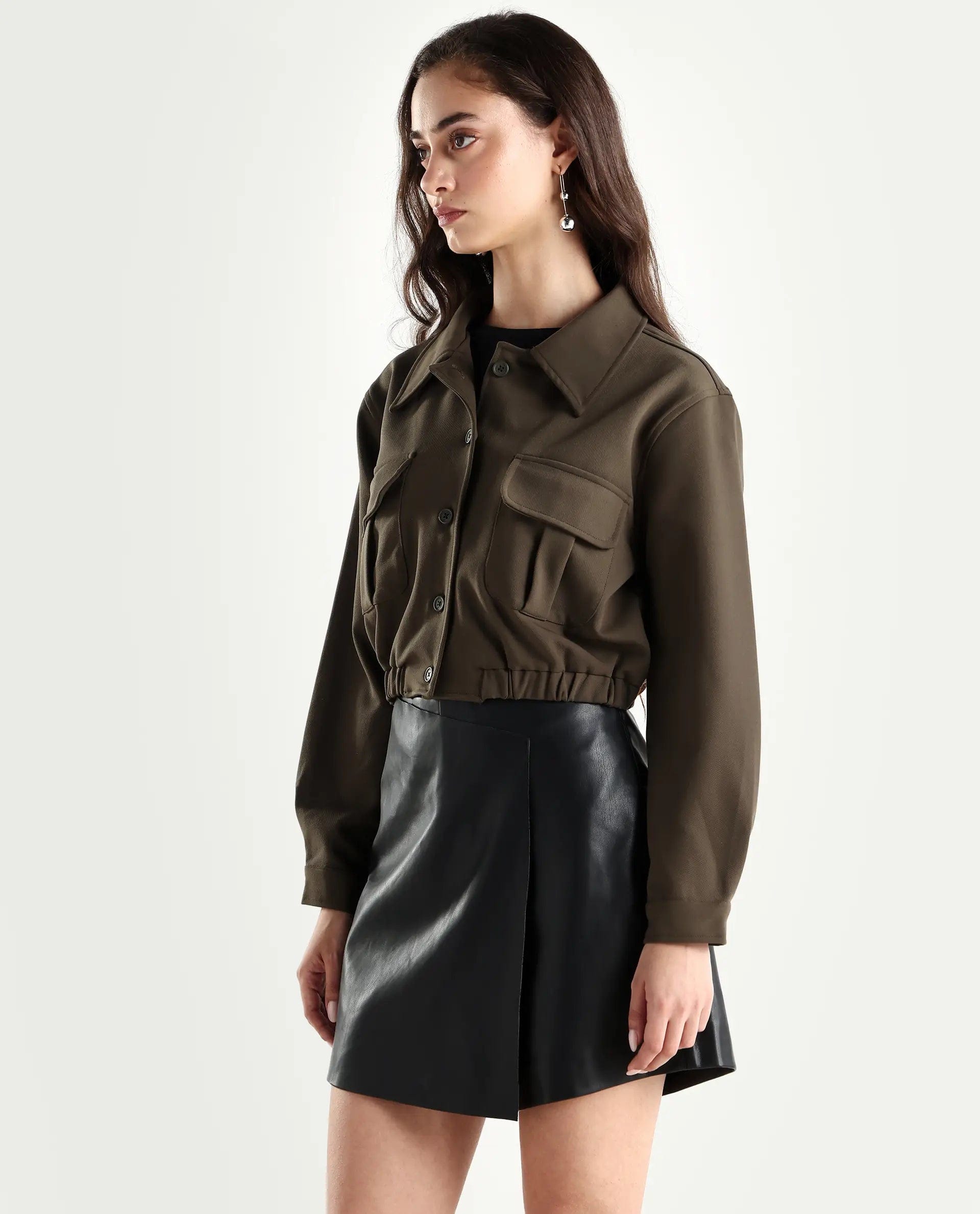 Rareism Women's Hobart Olive Spread Collar Plain Cuffed Sleeve Crop Regular Fit Jacket