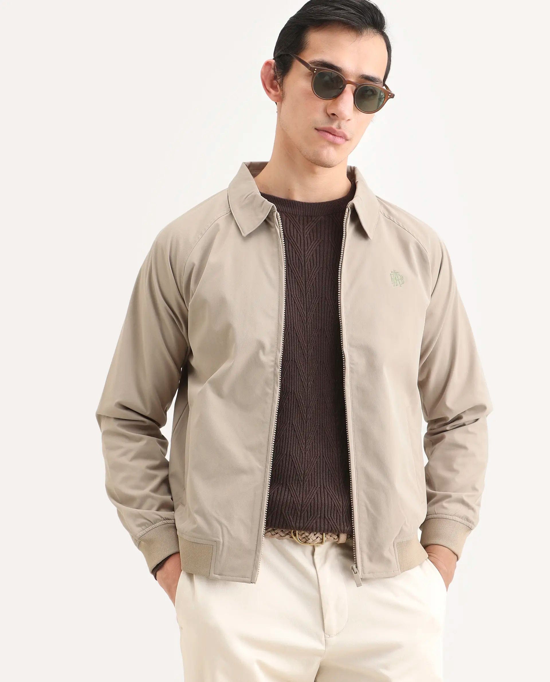 RARE Rabbit Men's Clayon Beige Polyester Embroidered Regular Fit Full Sleeve Spread Collar Jacket