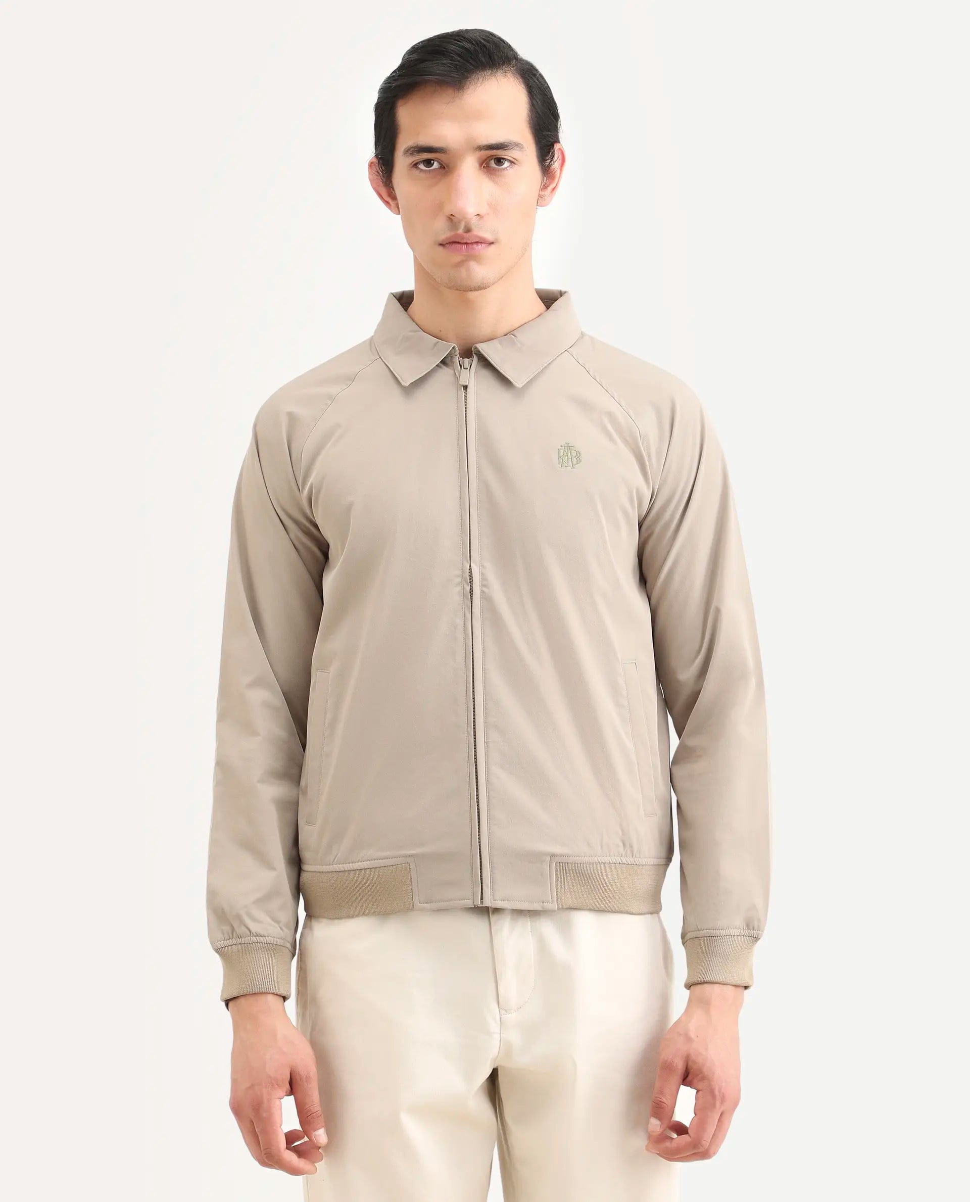 RARE Rabbit Men's Clayon Beige Polyester Embroidered Regular Fit Full Sleeve Spread Collar Jacket
