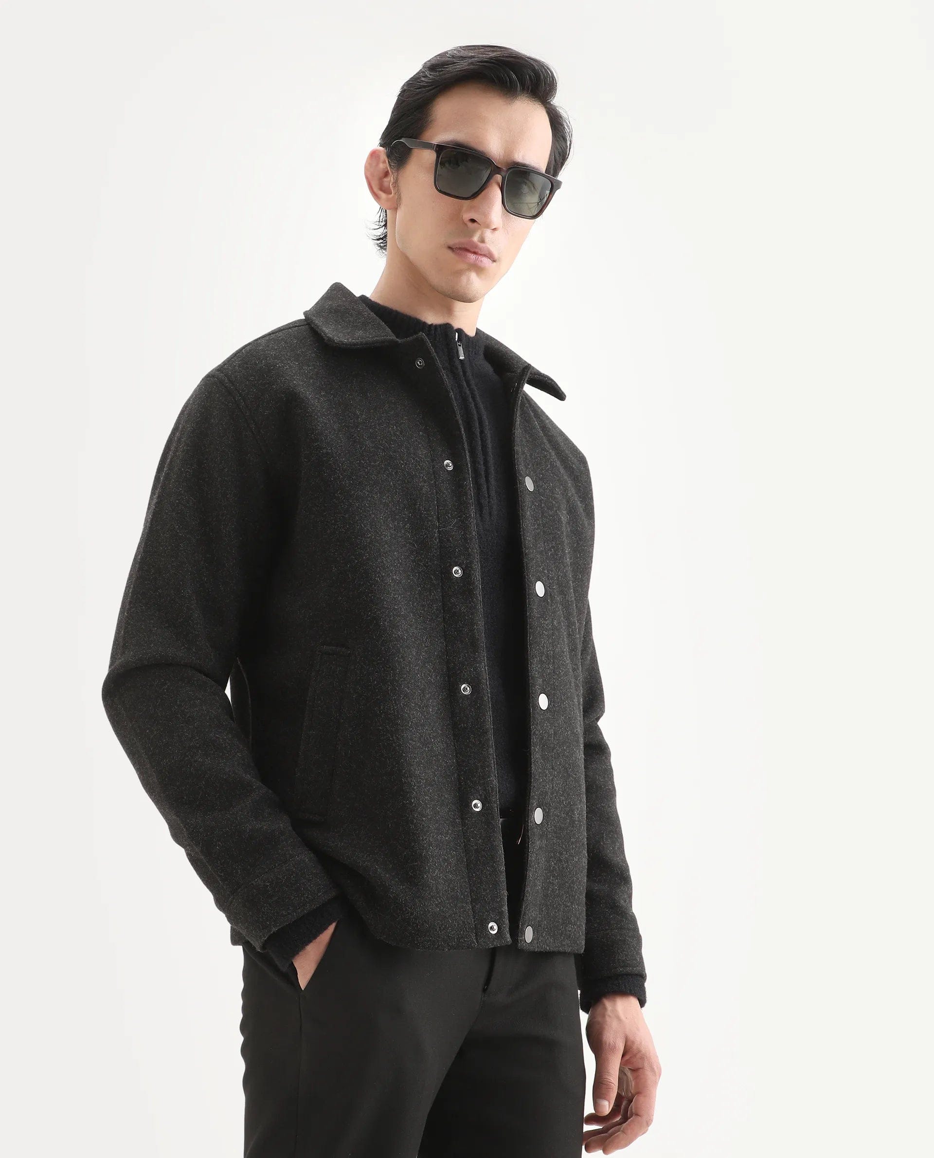 RARE Rabbit Men's Mahu Charcoal Cotton Blend Fabric Spread Collar Regular Fit Plain Jacket
