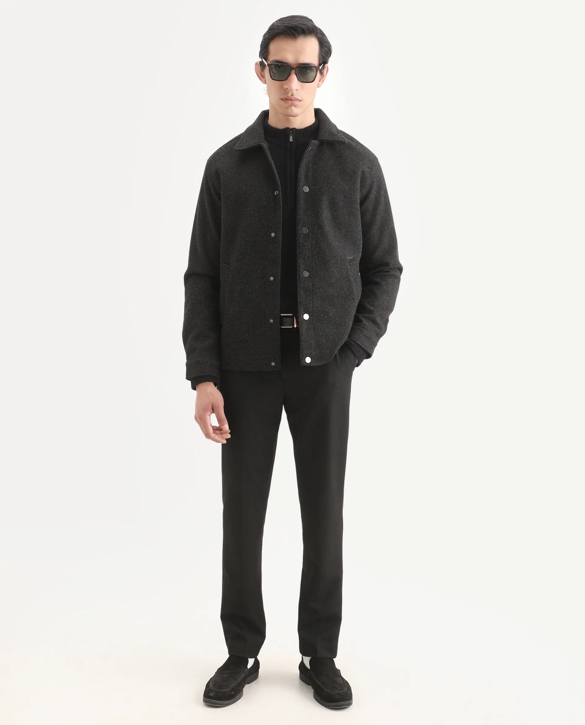 RARE Rabbit Men's Mahu Charcoal Cotton Blend Fabric Spread Collar Regular Fit Plain Jacket