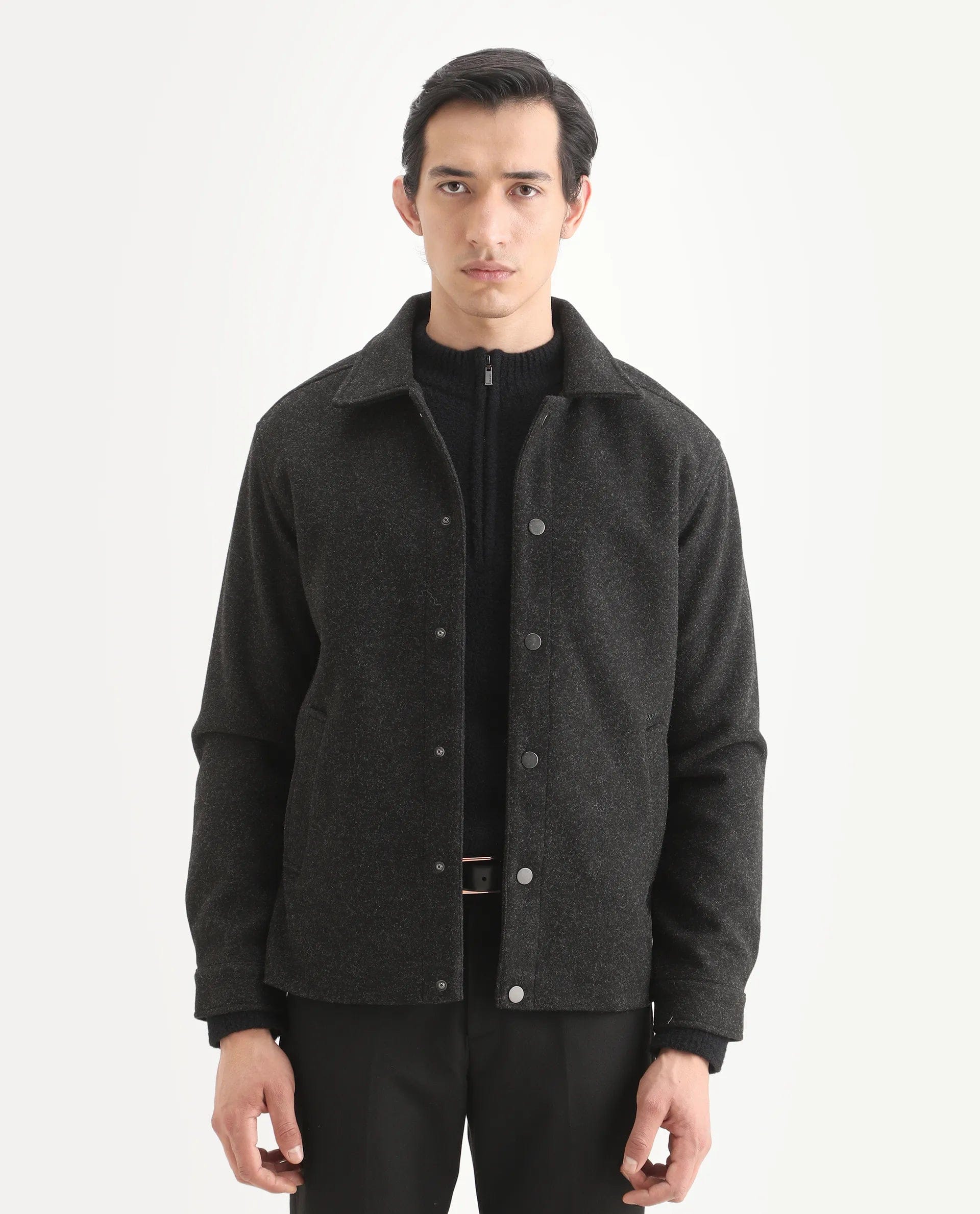 RARE Rabbit Men's Mahu Charcoal Cotton Blend Fabric Spread Collar Regular Fit Plain Jacket
