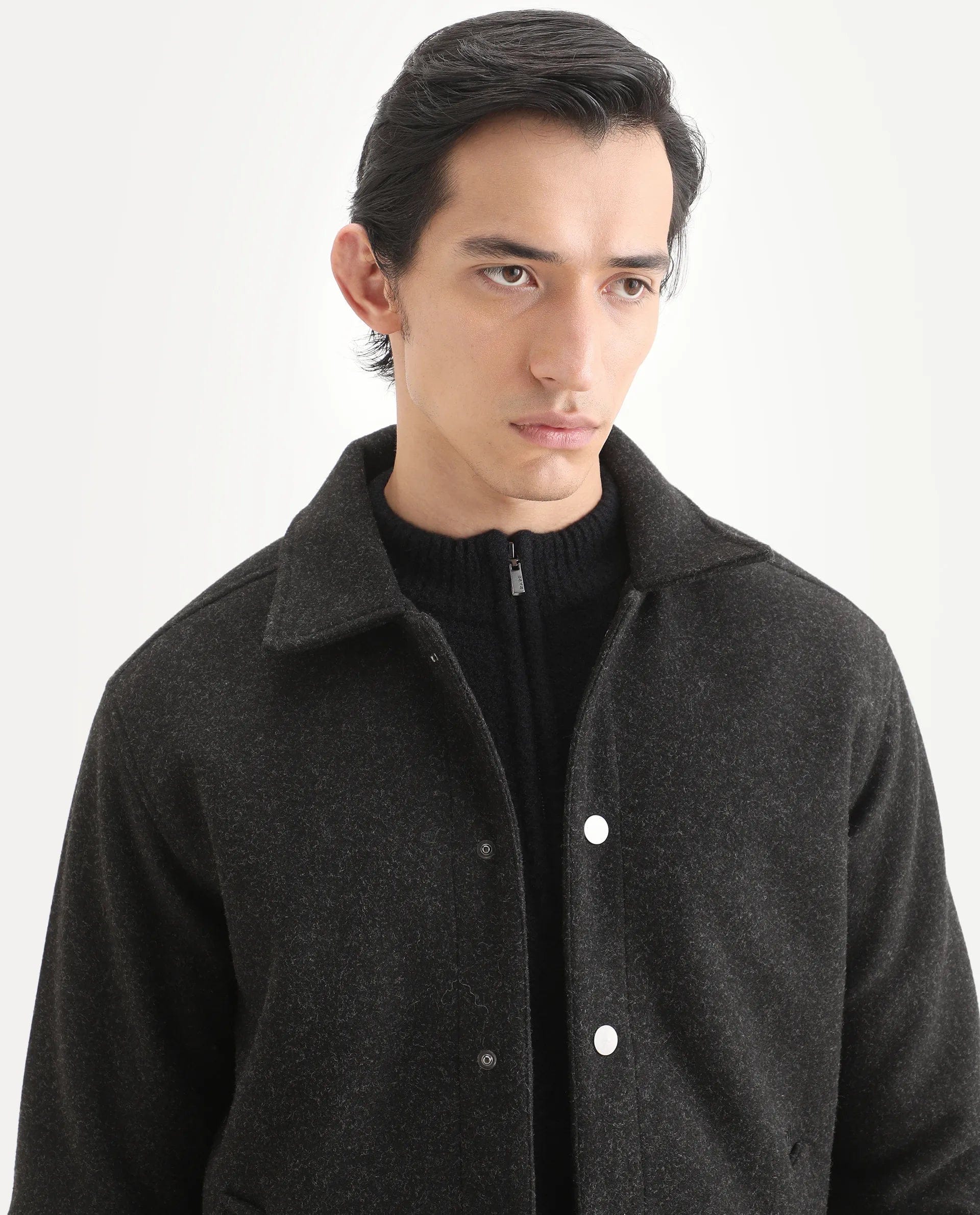 RARE Rabbit Men's Mahu Charcoal Cotton Blend Fabric Spread Collar Regular Fit Plain Jacket