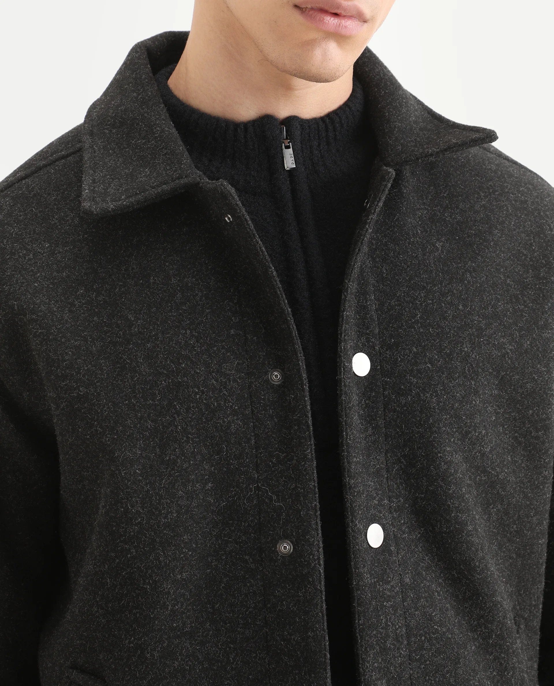 RARE Rabbit Men's Mahu Charcoal Cotton Blend Fabric Spread Collar Regular Fit Plain Jacket