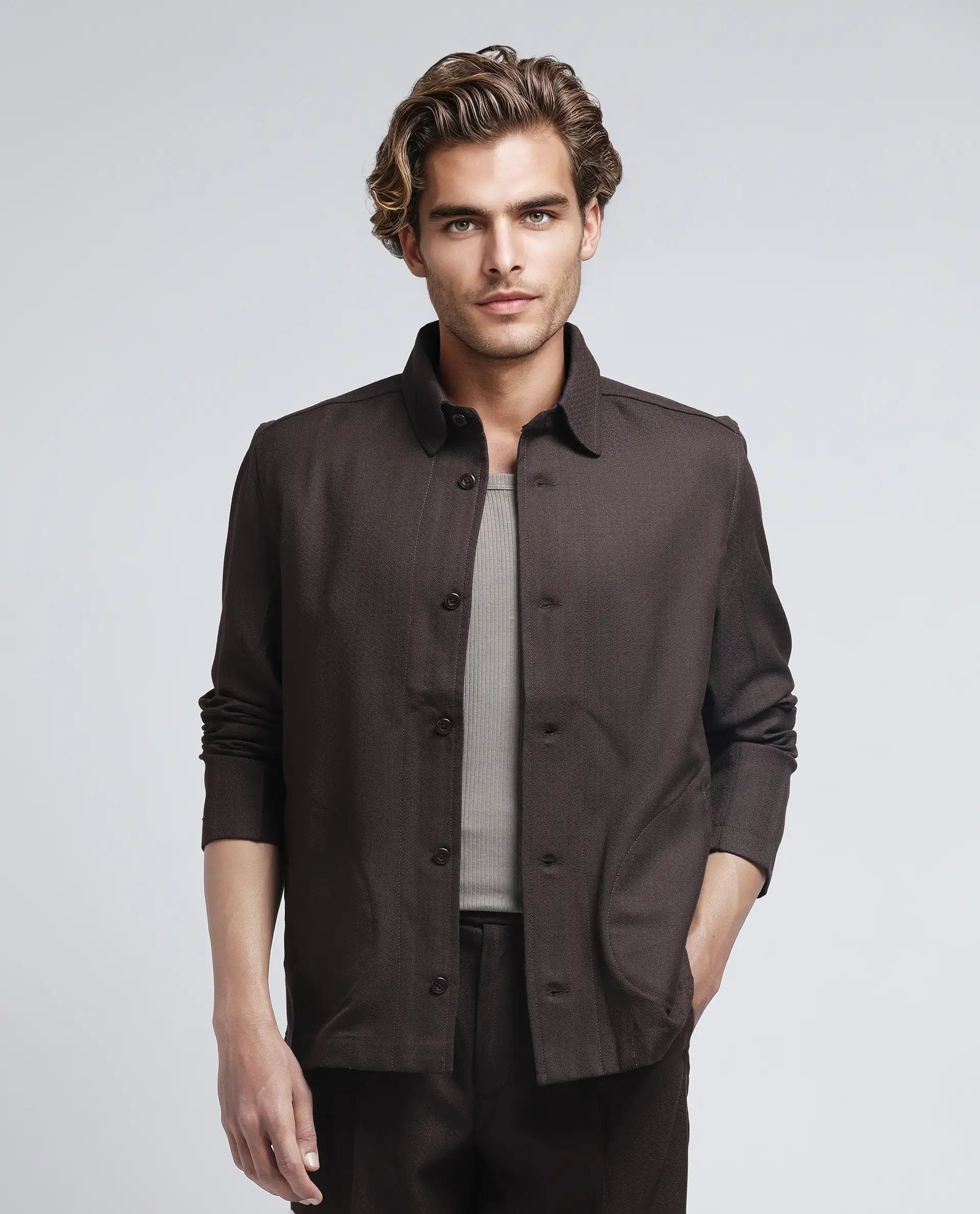 RARE Rabbit Men's Aront Dark Brown Polyester Plain Relaxed Fit Full Sleeve Spread Collar Jacket