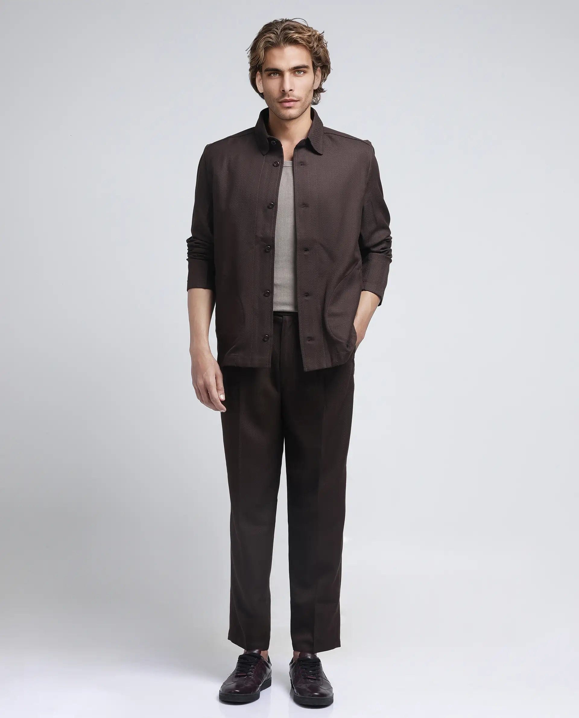 RARE Rabbit Men's Aront Dark Brown Polyester Plain Relaxed Fit Full Sleeve Spread Collar Jacket