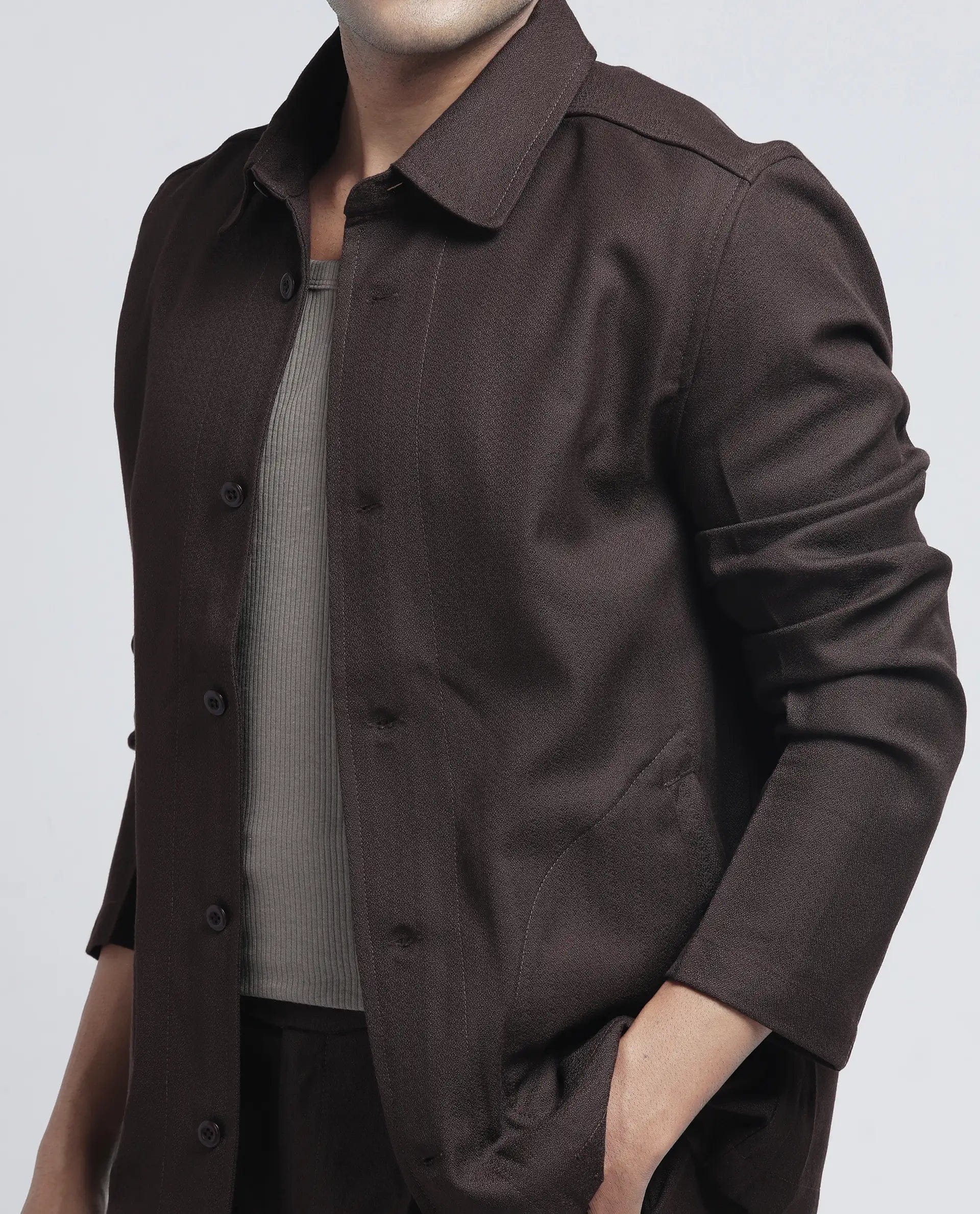 RARE Rabbit Men's Aront Dark Brown Polyester Plain Relaxed Fit Full Sleeve Spread Collar Jacket