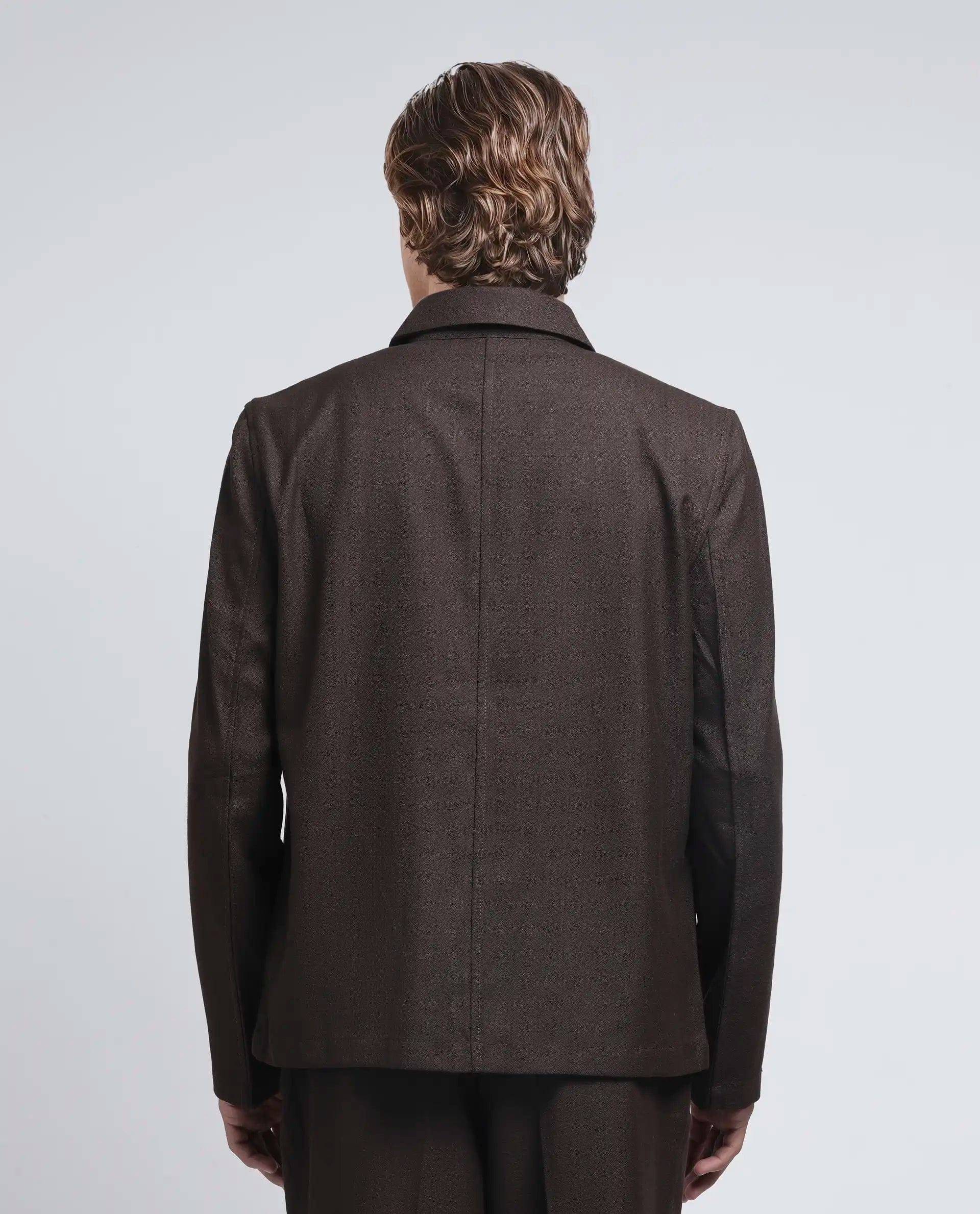 RARE Rabbit Men's Aront Dark Brown Polyester Plain Relaxed Fit Full Sleeve Spread Collar Jacket
