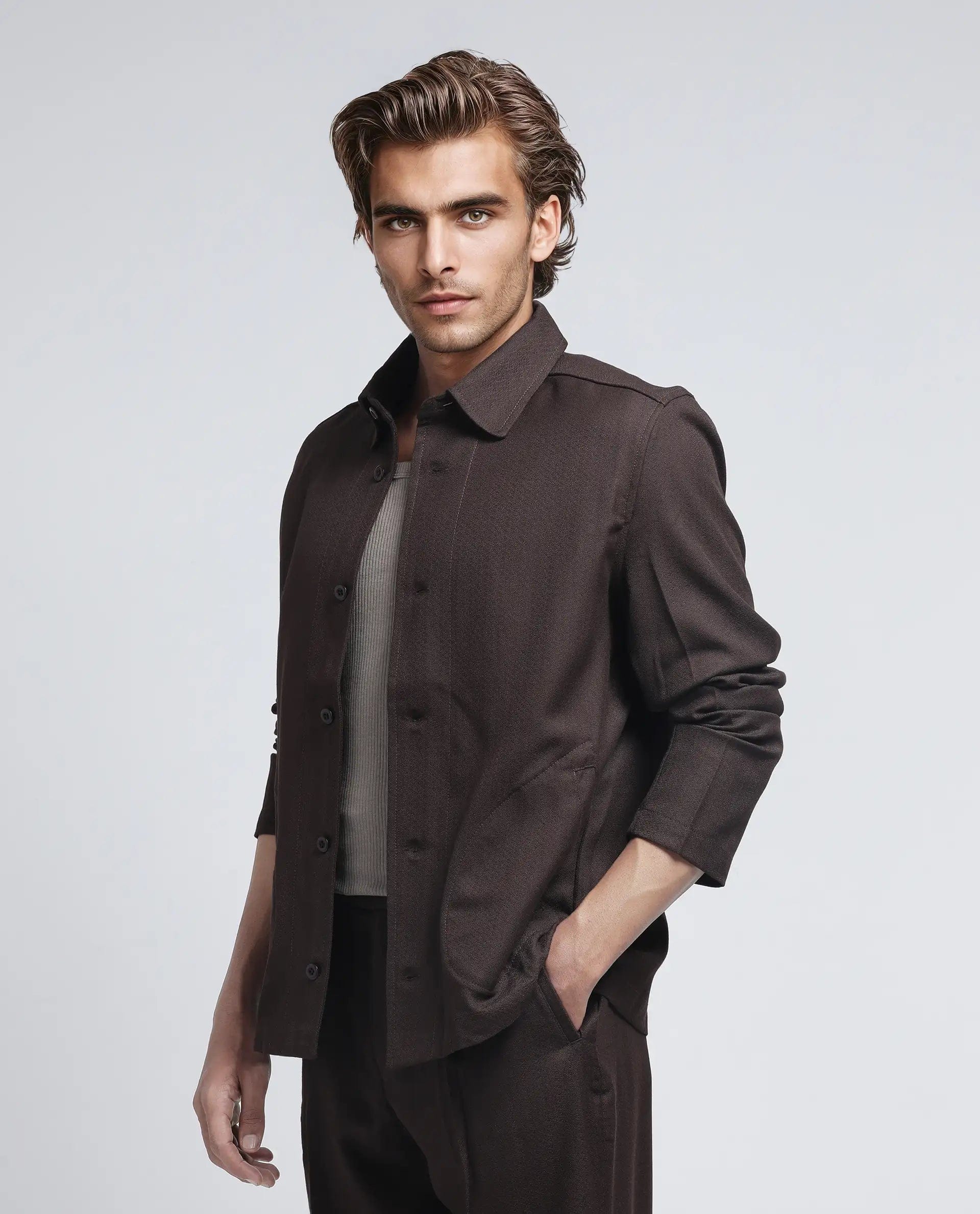 RARE Rabbit Men's Aront Dark Brown Polyester Plain Relaxed Fit Full Sleeve Spread Collar Jacket