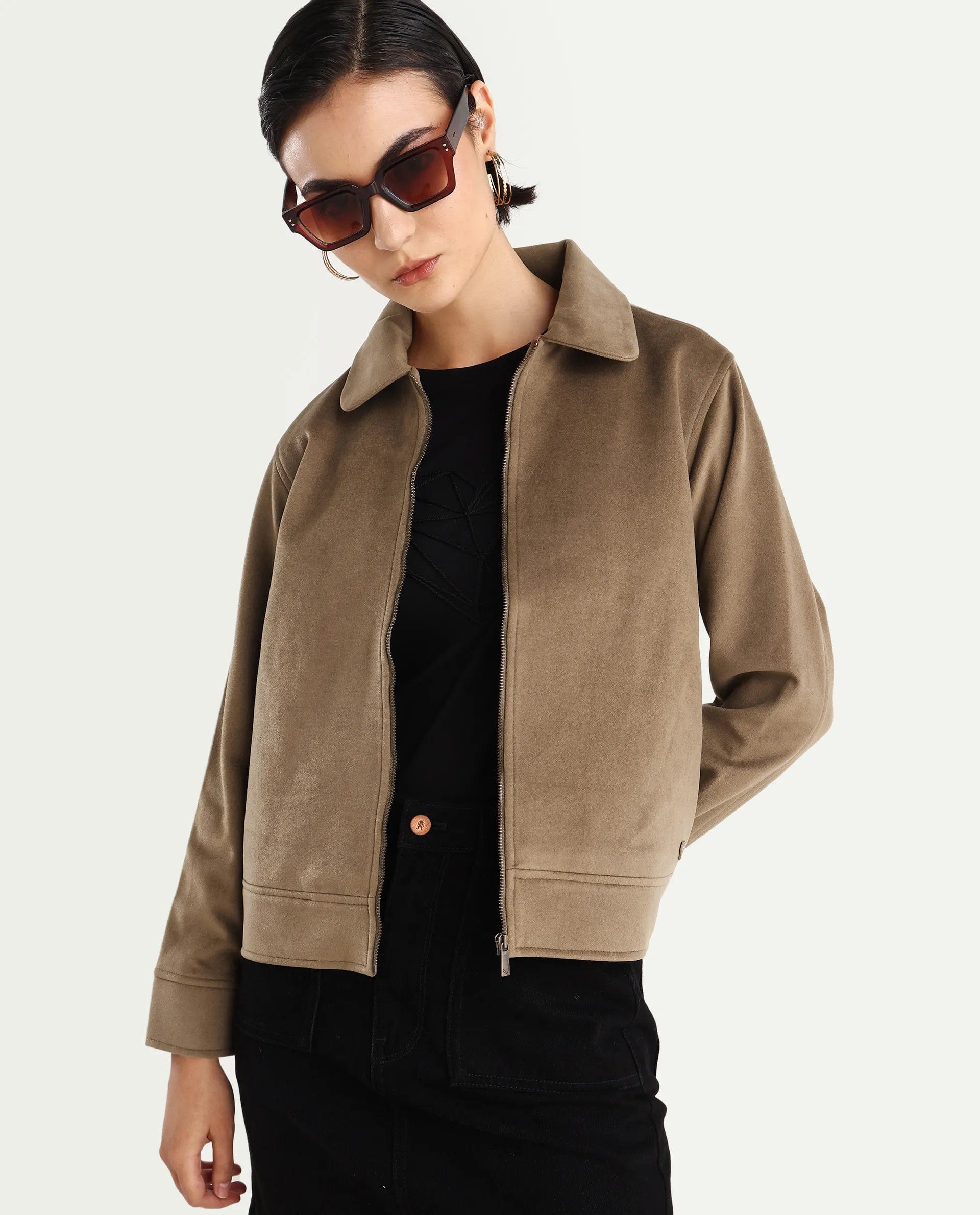 Rareism Women's Gympie Dark Tan Polyester Blend Spread Collar Plain Cuffed Sleeve Regular Fit Jacket