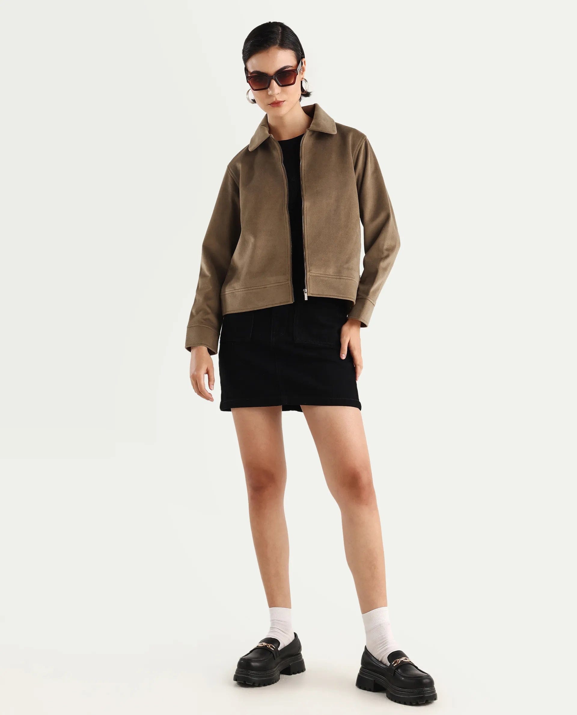Rareism Women's Gympie Dark Tan Polyester Blend Spread Collar Plain Cuffed Sleeve Regular Fit Jacket