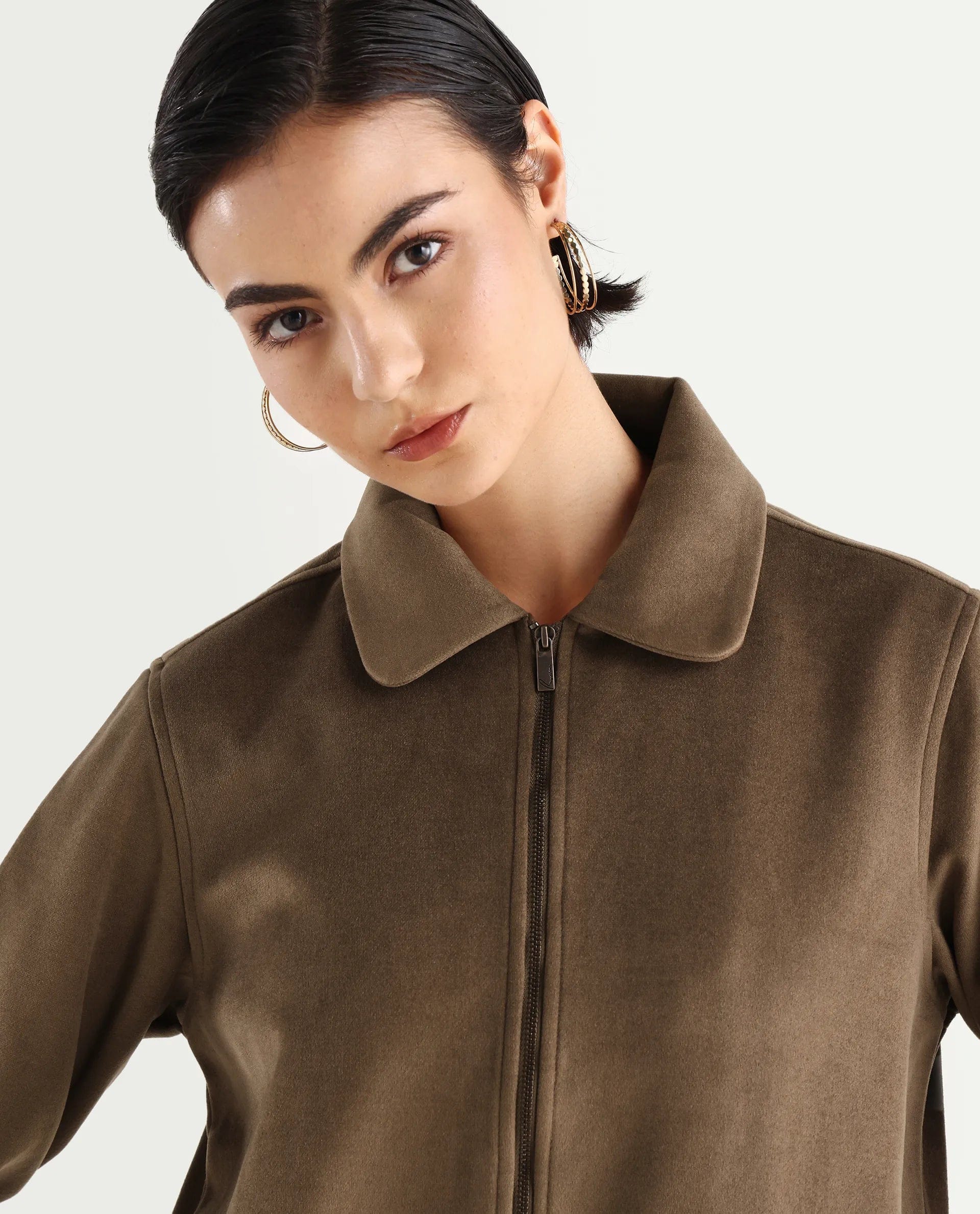 Rareism Women's Gympie Dark Tan Polyester Blend Spread Collar Plain Cuffed Sleeve Regular Fit Jacket