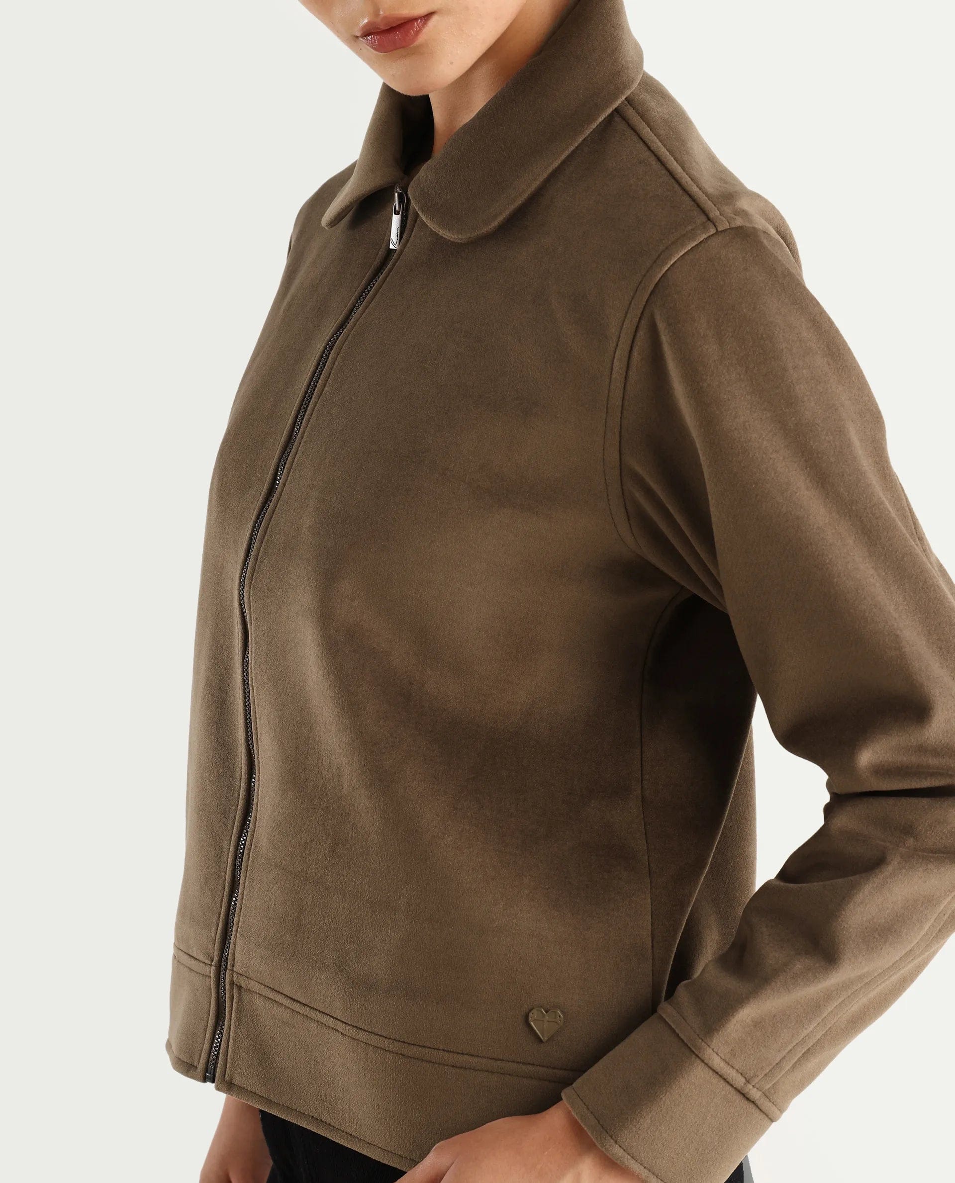 Rareism Women's Gympie Dark Tan Polyester Blend Spread Collar Plain Cuffed Sleeve Regular Fit Jacket