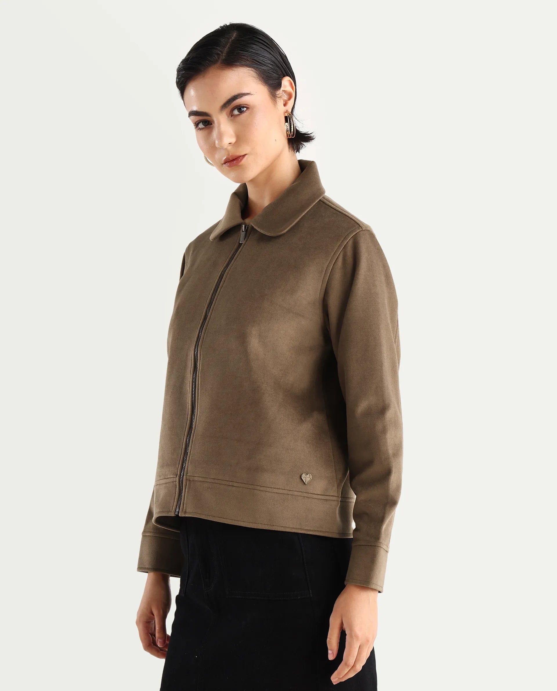 Rareism Women's Gympie Dark Tan Polyester Blend Spread Collar Plain Cuffed Sleeve Regular Fit Jacket