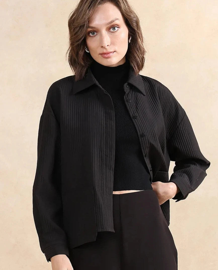 Rareism Women's Albury Black Polyester Drop Collar Plain Cuffed Sleeve Boxy Fit Jacket