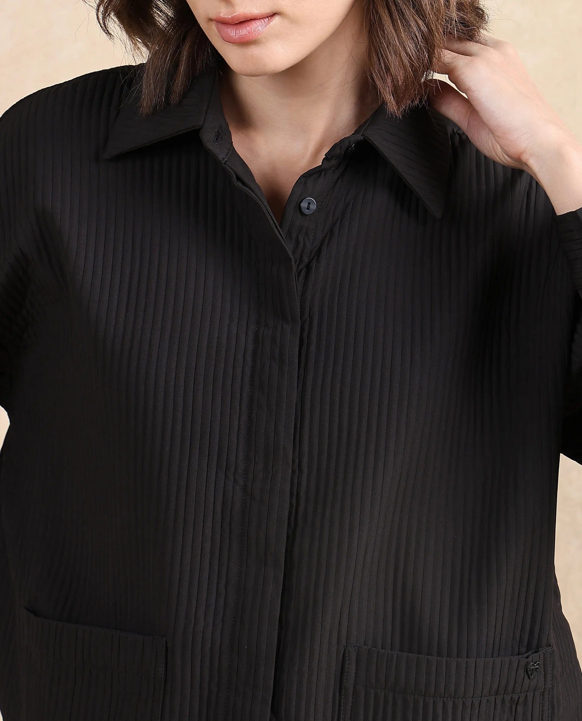 Rareism Women's Albury Black Polyester Drop Collar Plain Cuffed Sleeve Boxy Fit Jacket