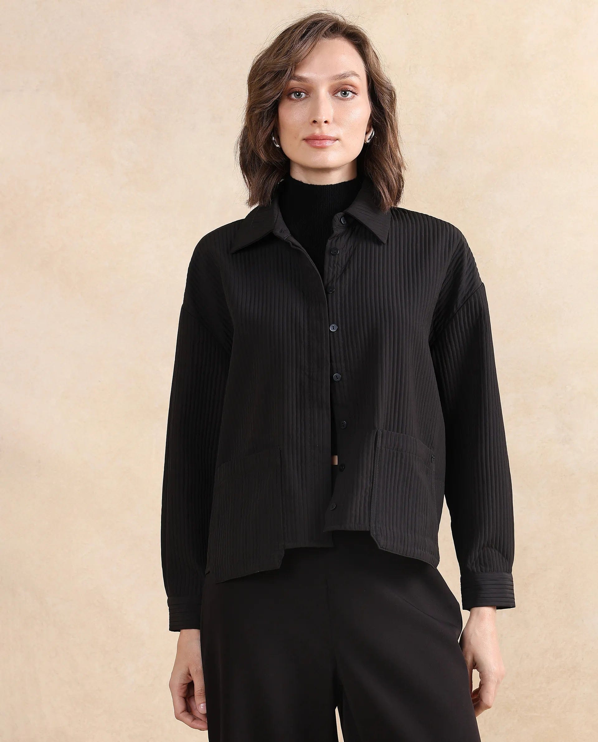 Rareism Women's Albury Black Polyester Drop Collar Plain Cuffed Sleeve Boxy Fit Jacket