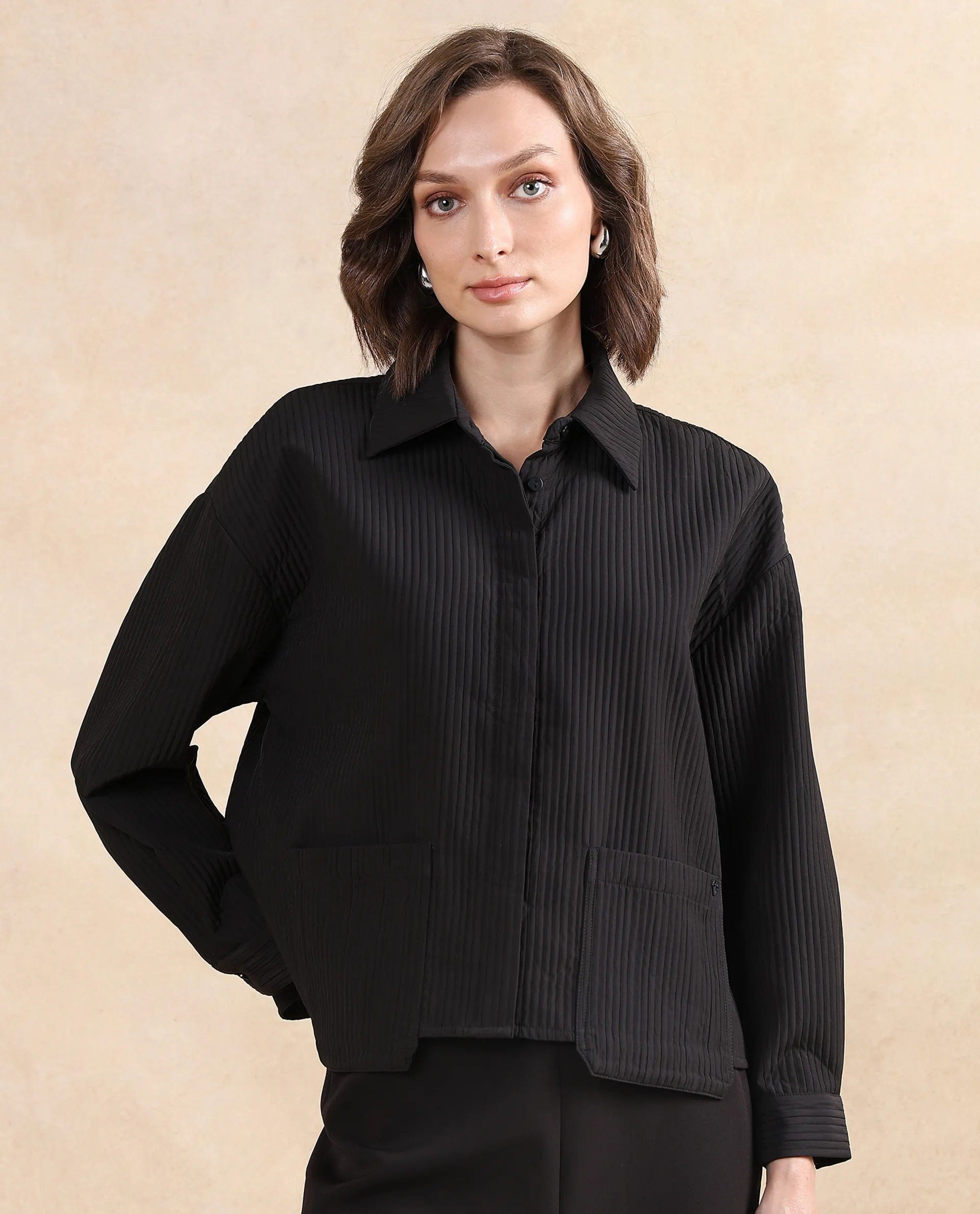 Rareism Women's Albury Black Polyester Drop Collar Plain Cuffed Sleeve Boxy Fit Jacket