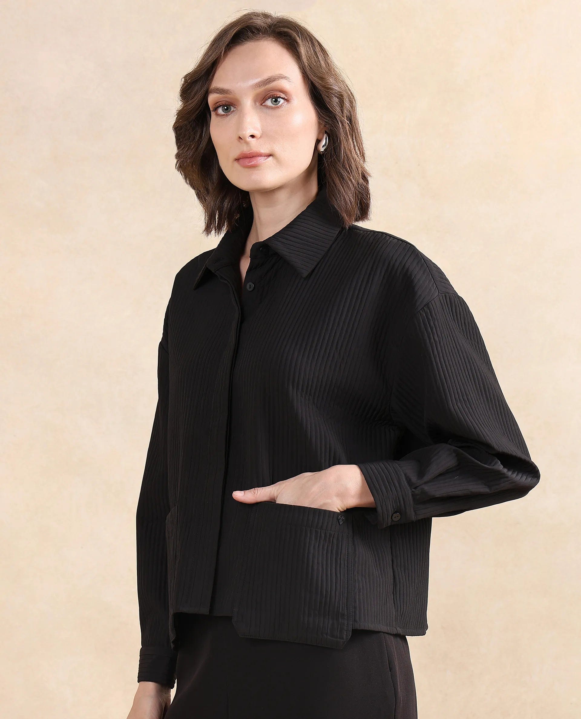 Rareism Women's Albury Black Polyester Drop Collar Plain Cuffed Sleeve Boxy Fit Jacket