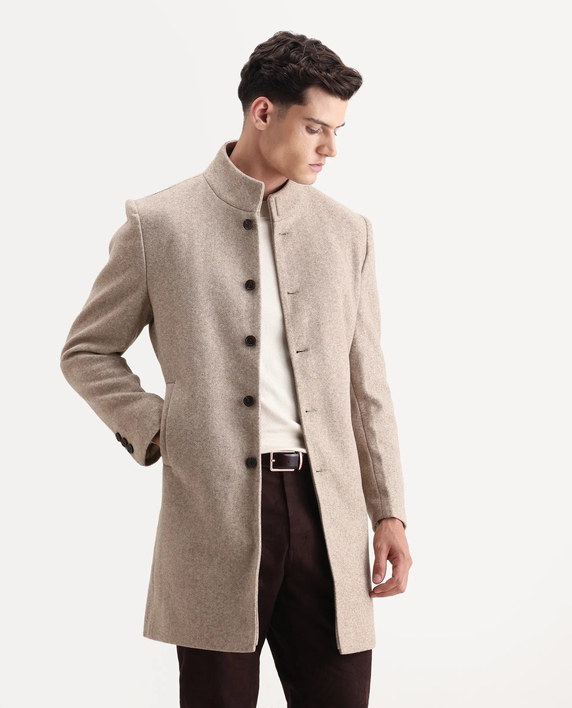 RARE Rabbit Men's Dune - 25 Dark Beige Polyester Blend Fabric High Neck Relaxed Plain Coat
