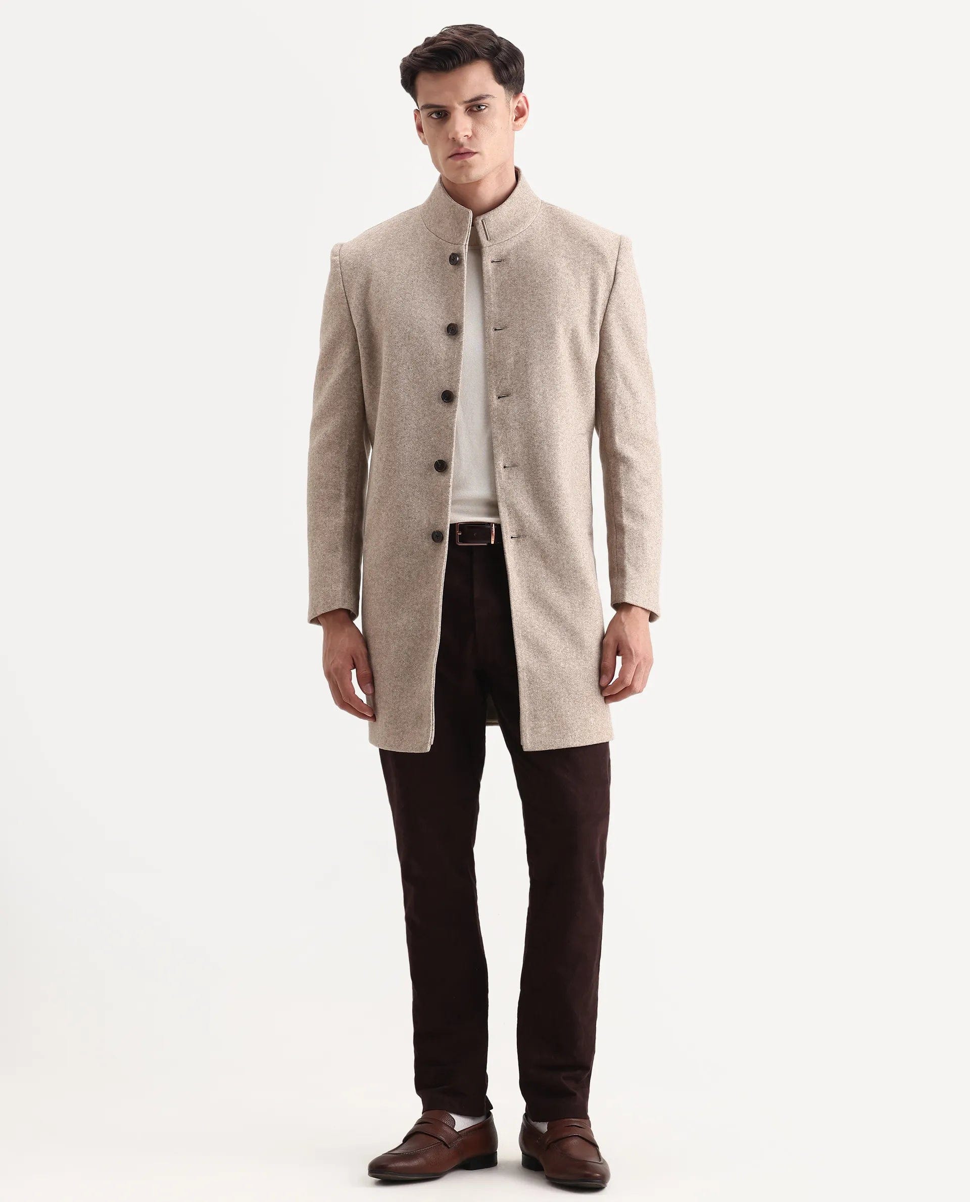 RARE Rabbit Men's Dune - 25 Dark Beige Polyester Blend Fabric High Neck Relaxed Plain Coat