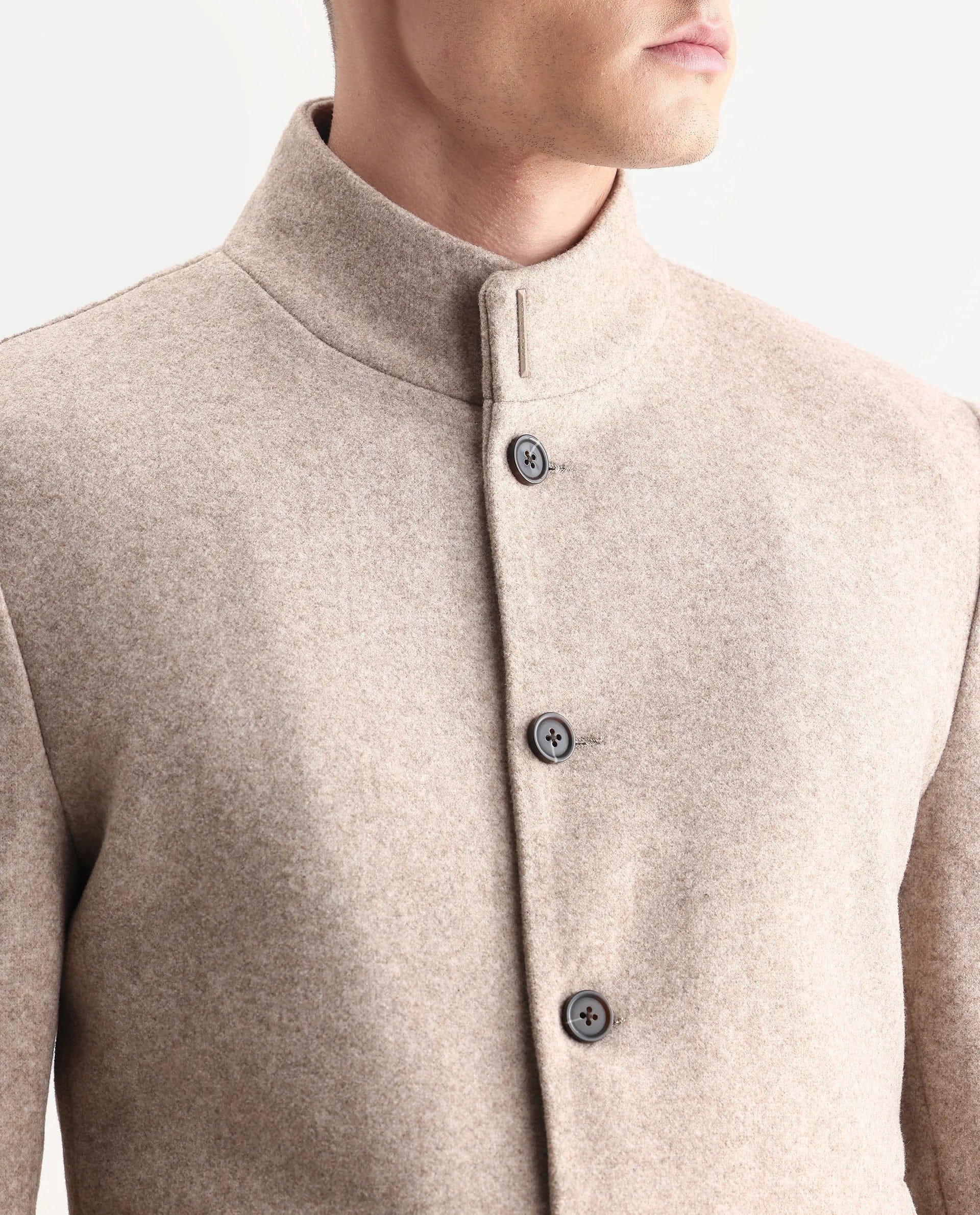 RARE Rabbit Men's Dune - 25 Dark Beige Polyester Blend Fabric High Neck Relaxed Plain Coat