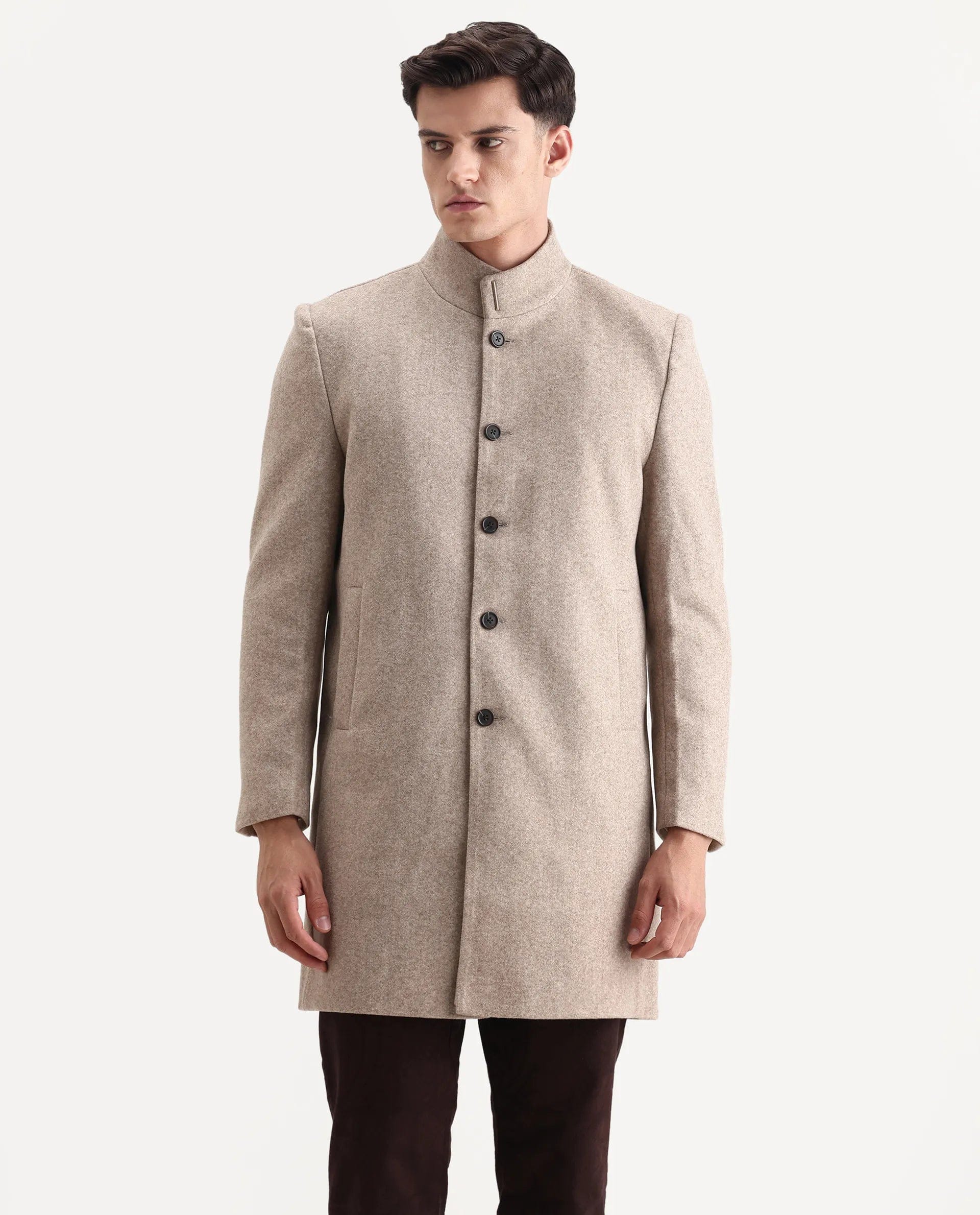 RARE Rabbit Men's Dune - 25 Dark Beige Polyester Blend Fabric High Neck Relaxed Plain Coat