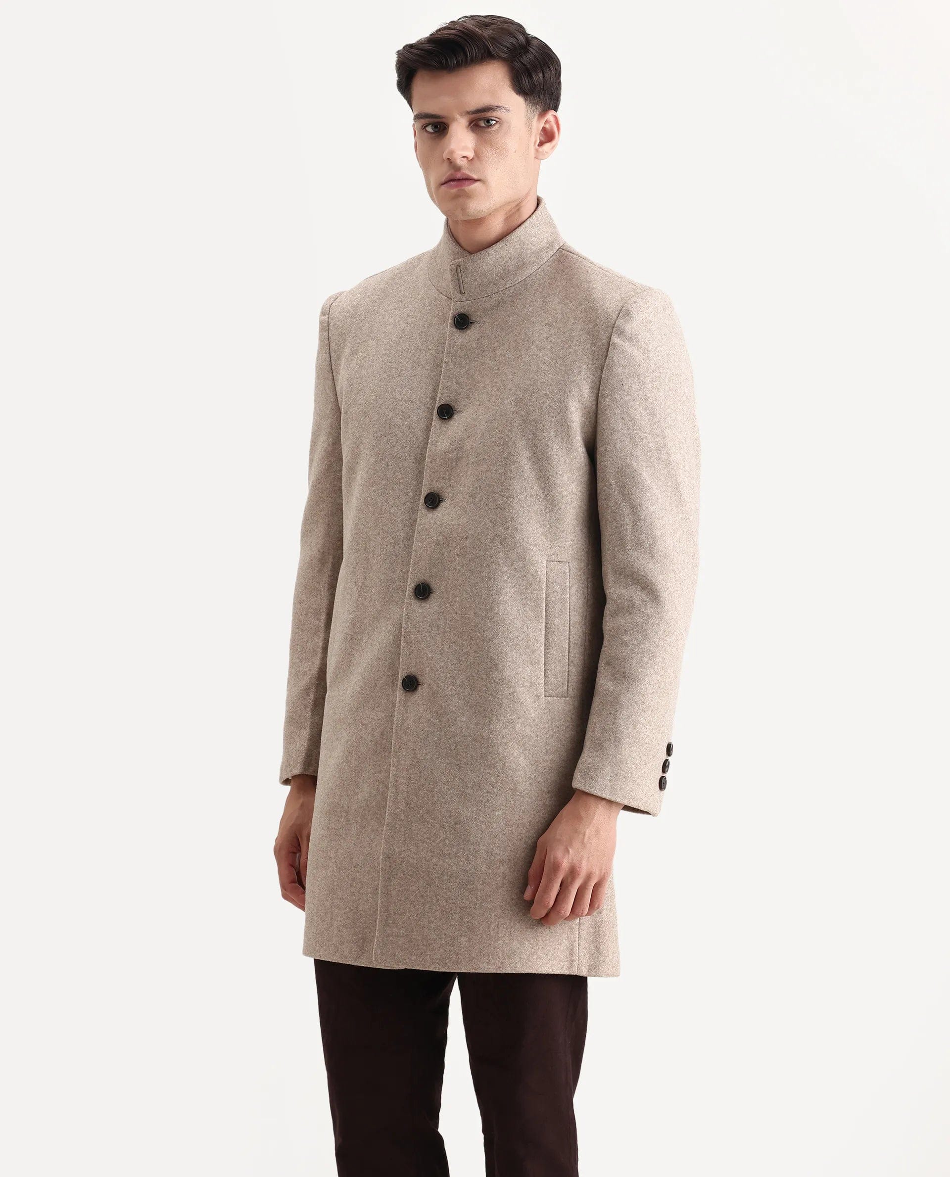 RARE Rabbit Men's Dune - 25 Dark Beige Polyester Blend Fabric High Neck Relaxed Plain Coat