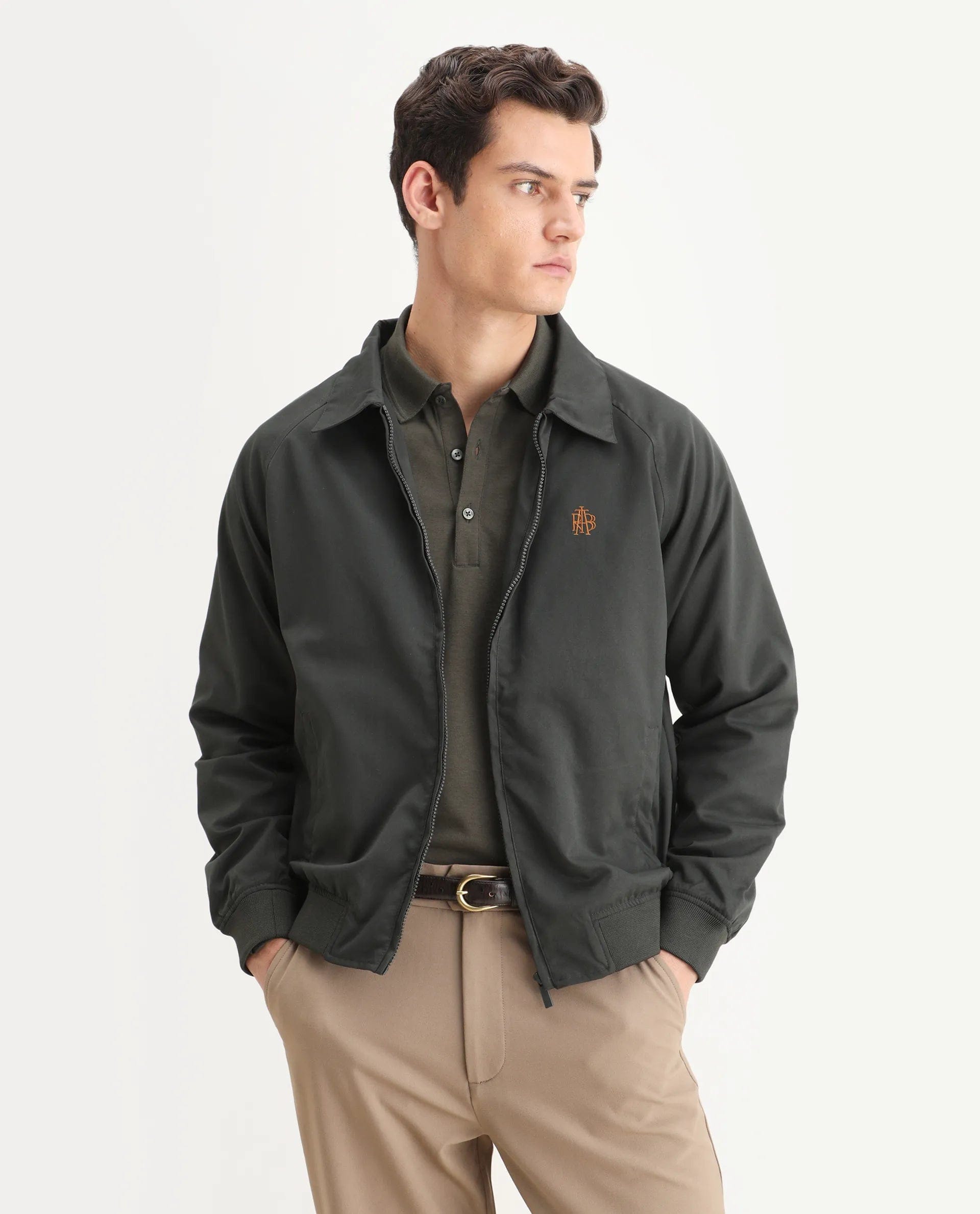 RARE Rabbit Men's Clayon Olive Polyester Embroidered Regular Fit Full Sleeve Spread Collar Jacket