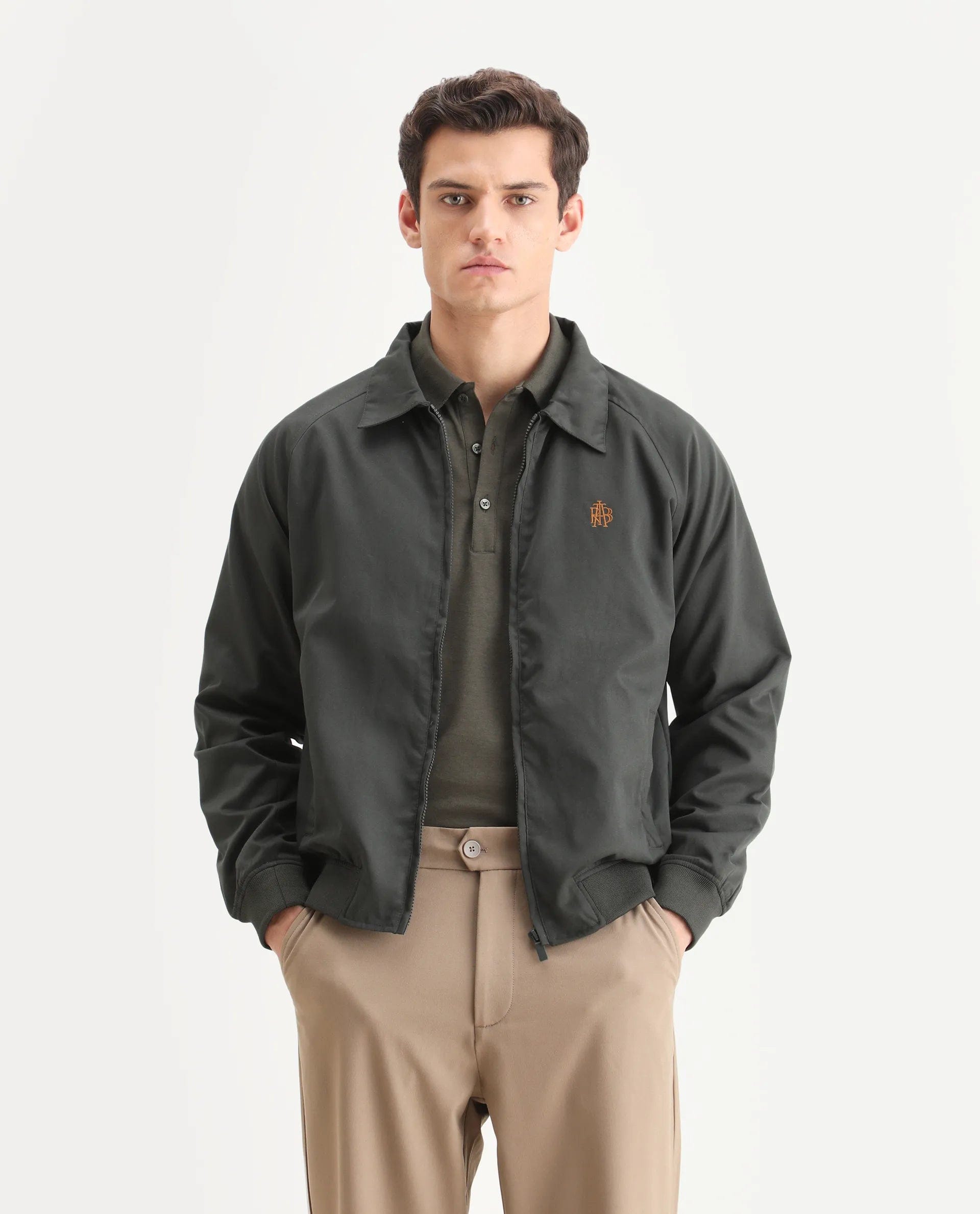RARE Rabbit Men's Clayon Olive Polyester Embroidered Regular Fit Full Sleeve Spread Collar Jacket