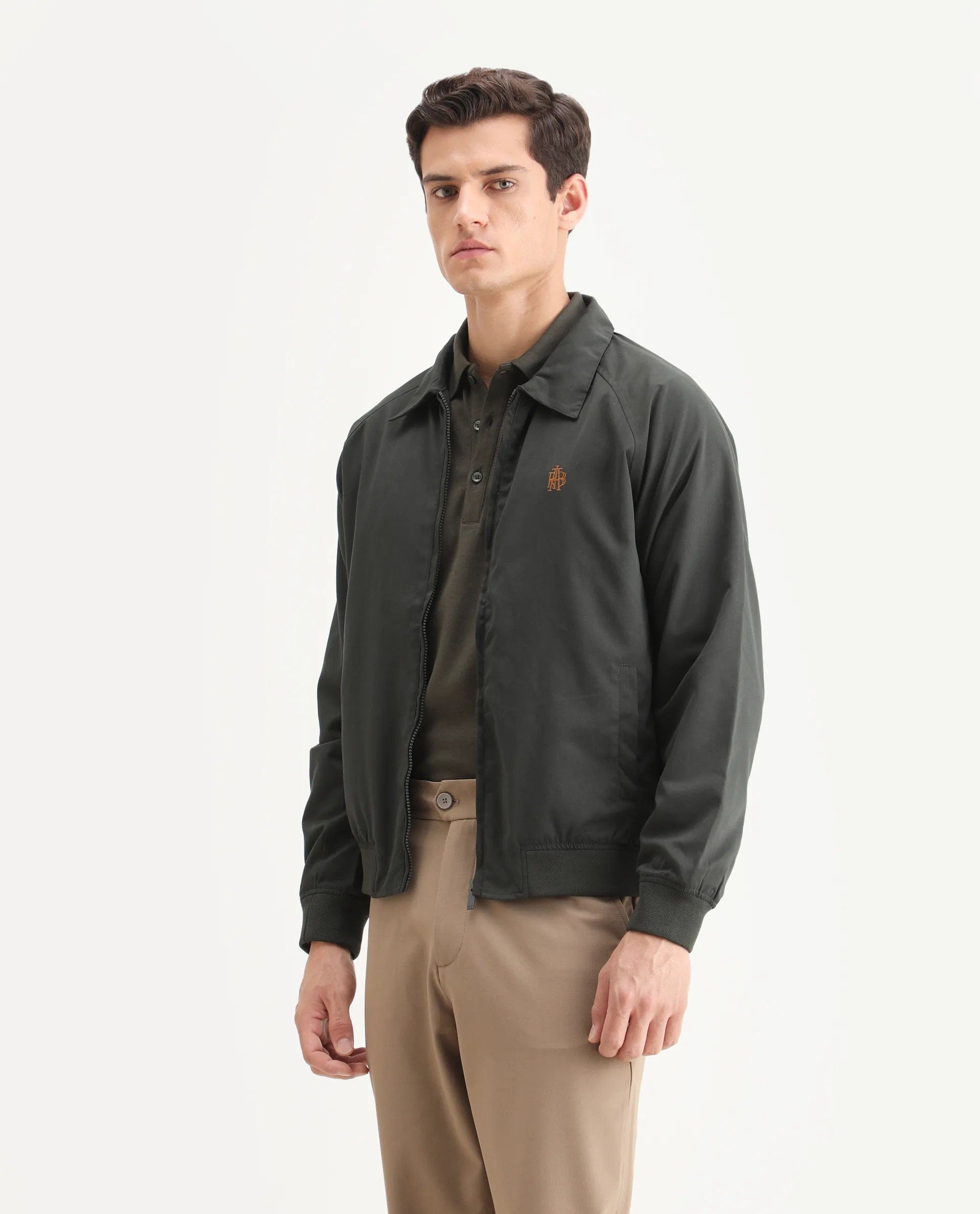RARE Rabbit Men's Clayon Olive Polyester Embroidered Regular Fit Full Sleeve Spread Collar Jacket