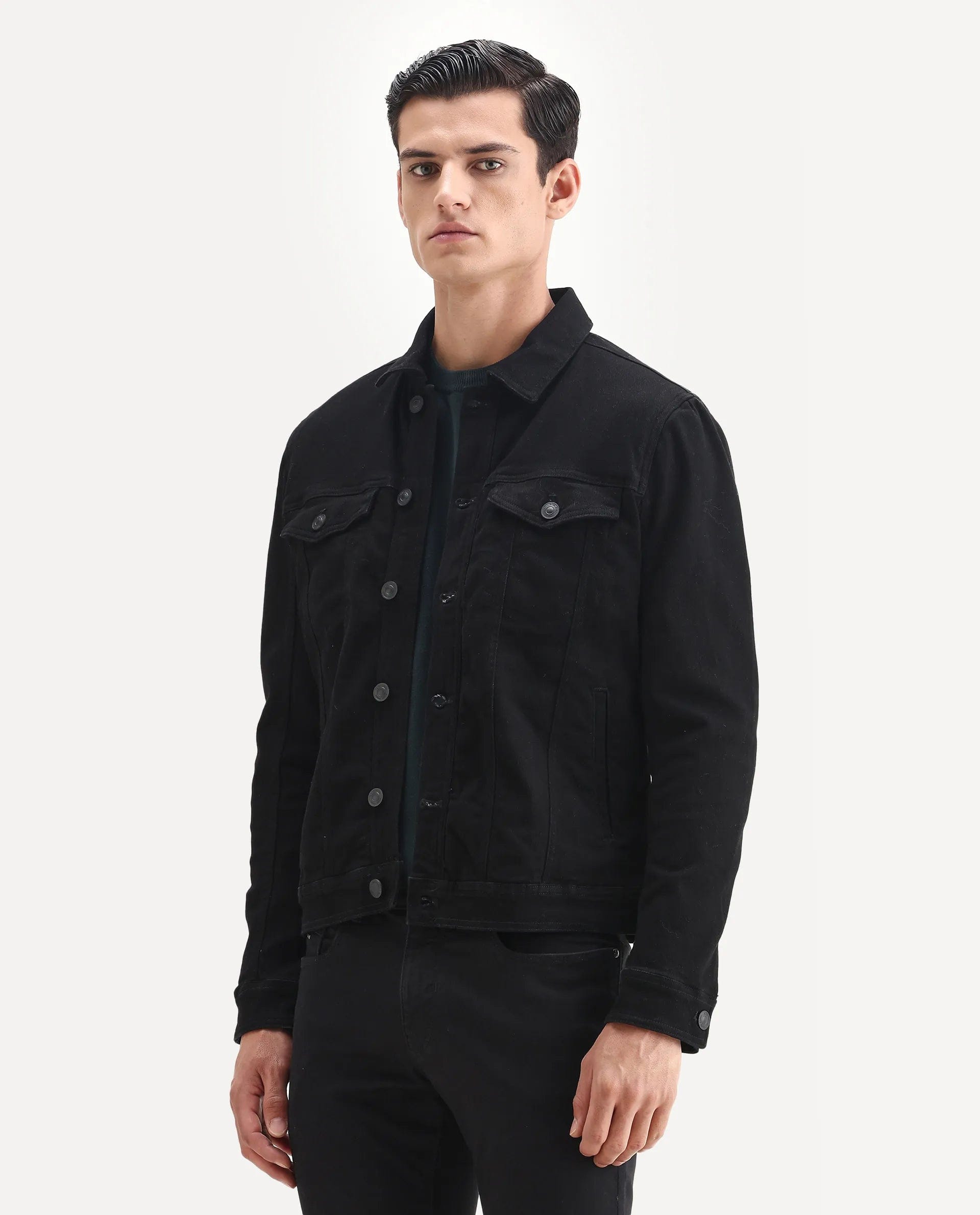 RARE Rabbit Men's Tonk Black Cotton Plain Regular Fit Full Sleeve Spread Collar Jacket