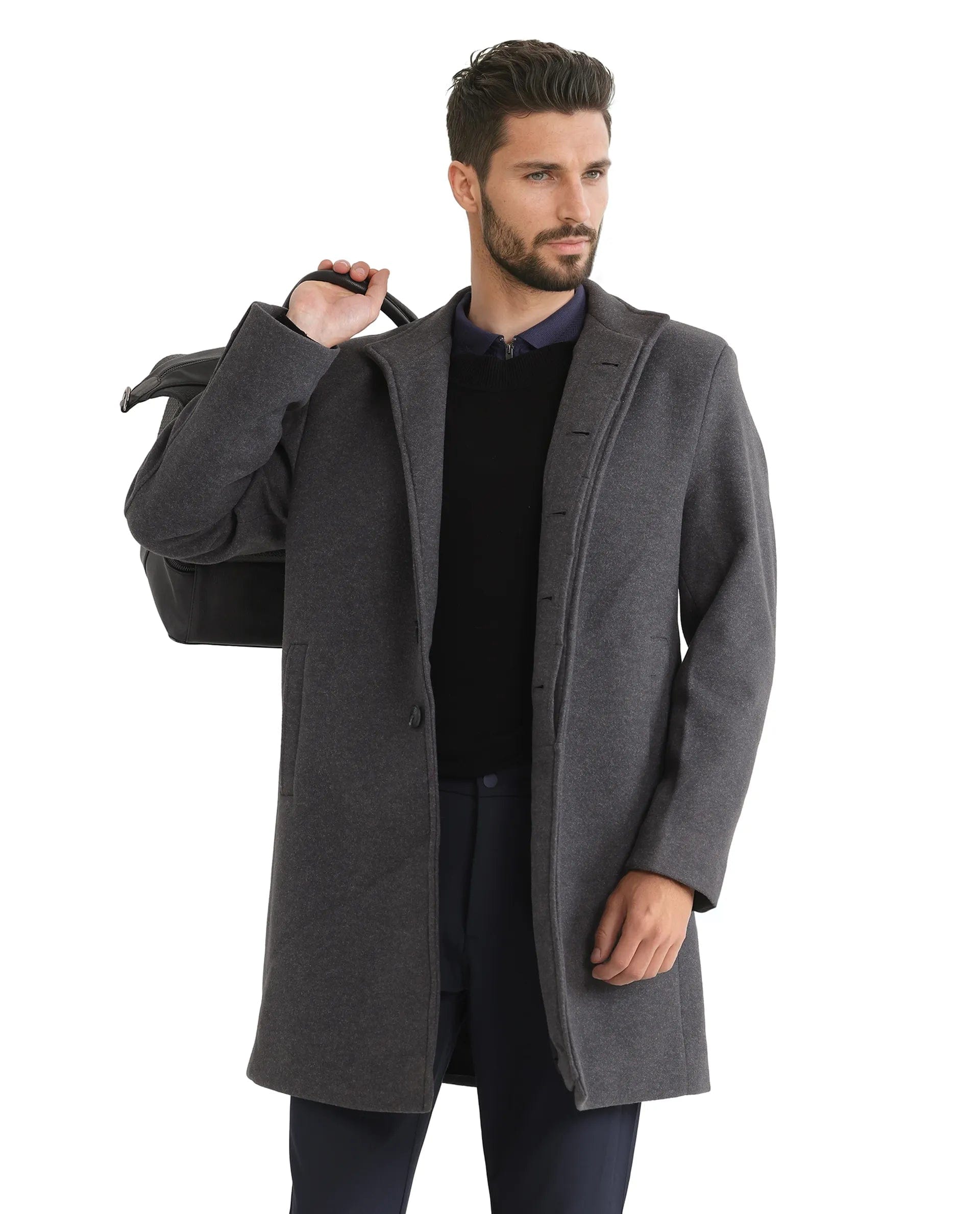 RARE Rabbit Men's Dune - 2 Grey Polyester Plain Relaxed Fit Full Sleeve High Neck Coat