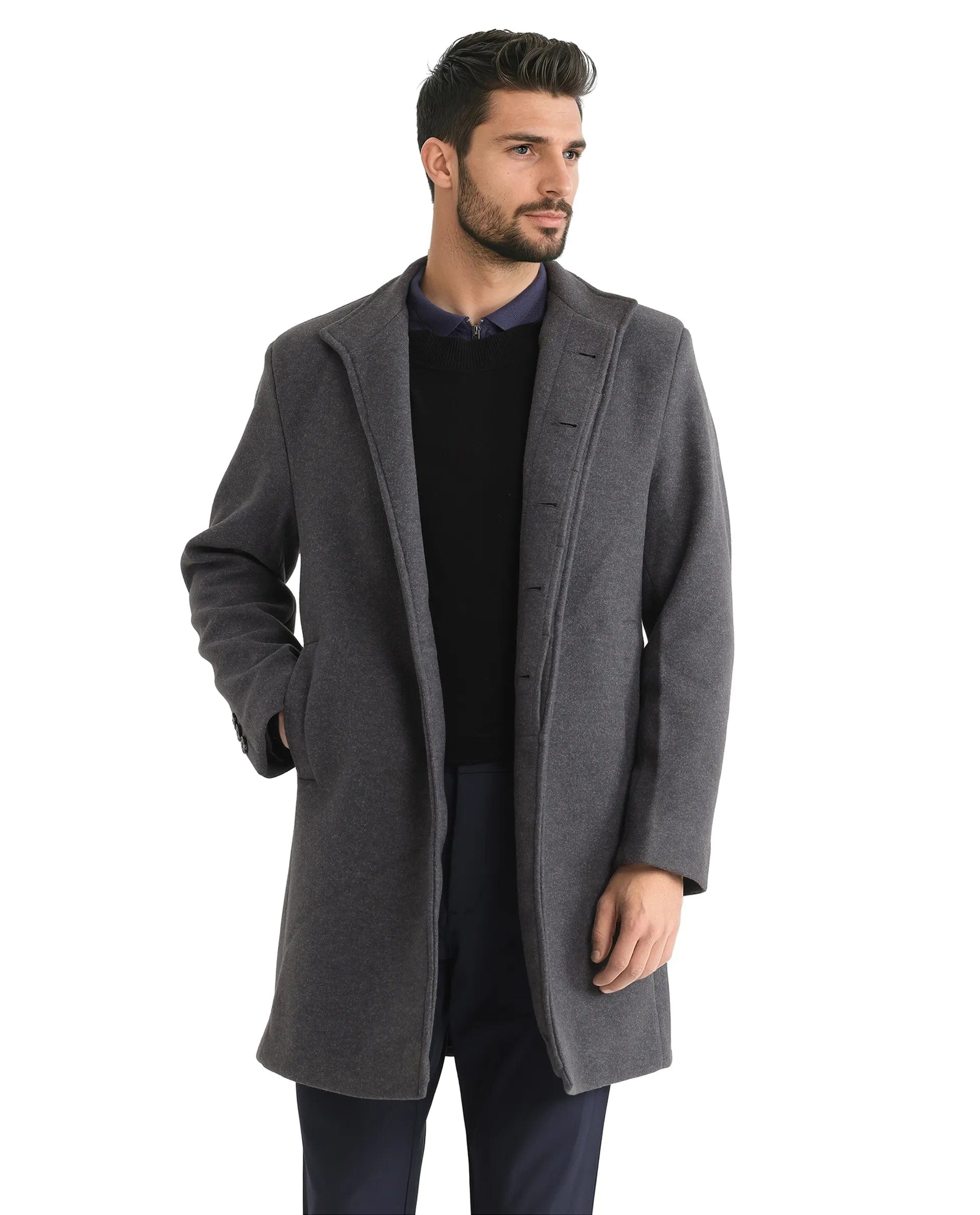 RARE Rabbit Men's Dune - 2 Grey Polyester Plain Relaxed Fit Full Sleeve High Neck Coat