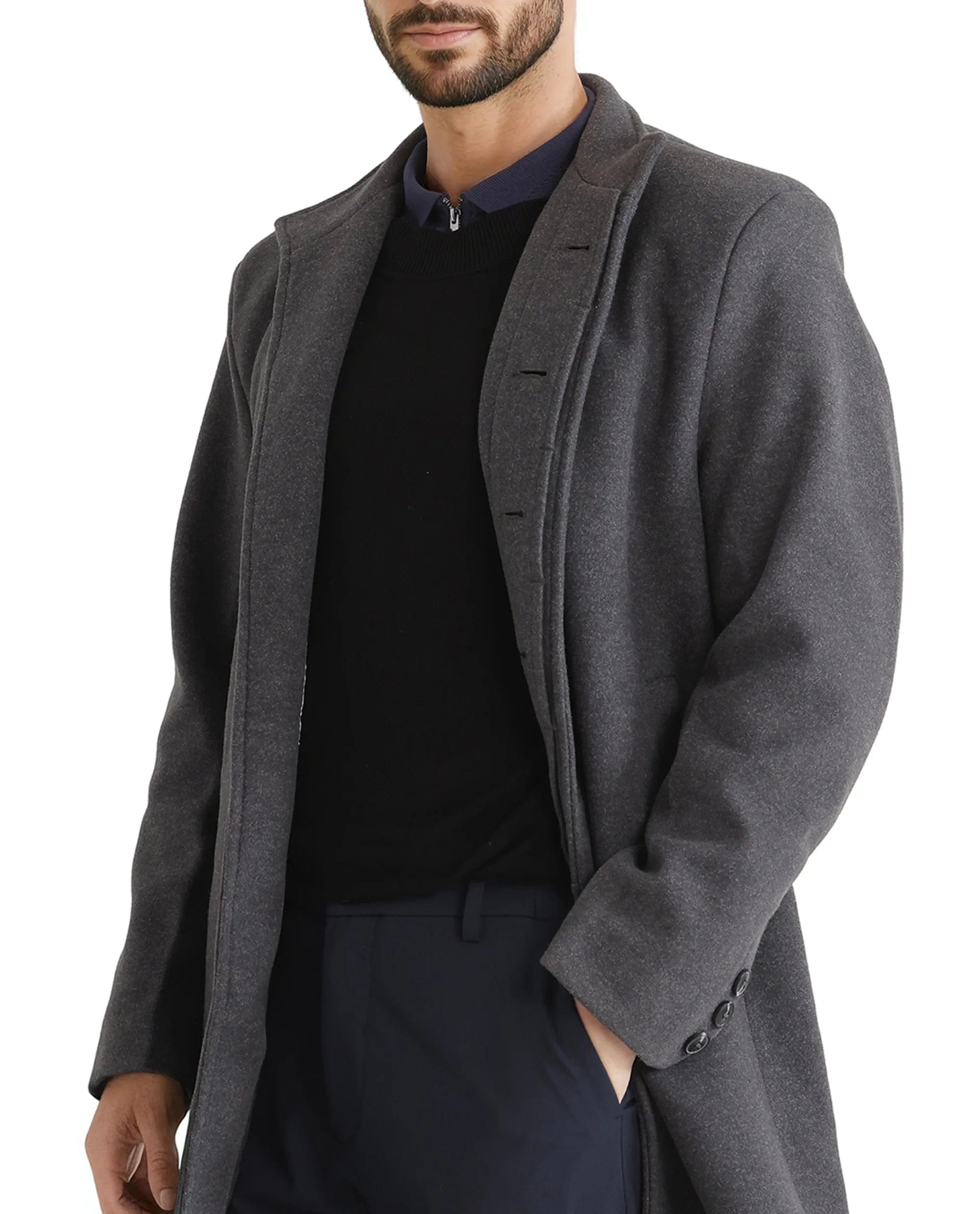 RARE Rabbit Men's Dune - 2 Grey Polyester Plain Relaxed Fit Full Sleeve High Neck Coat