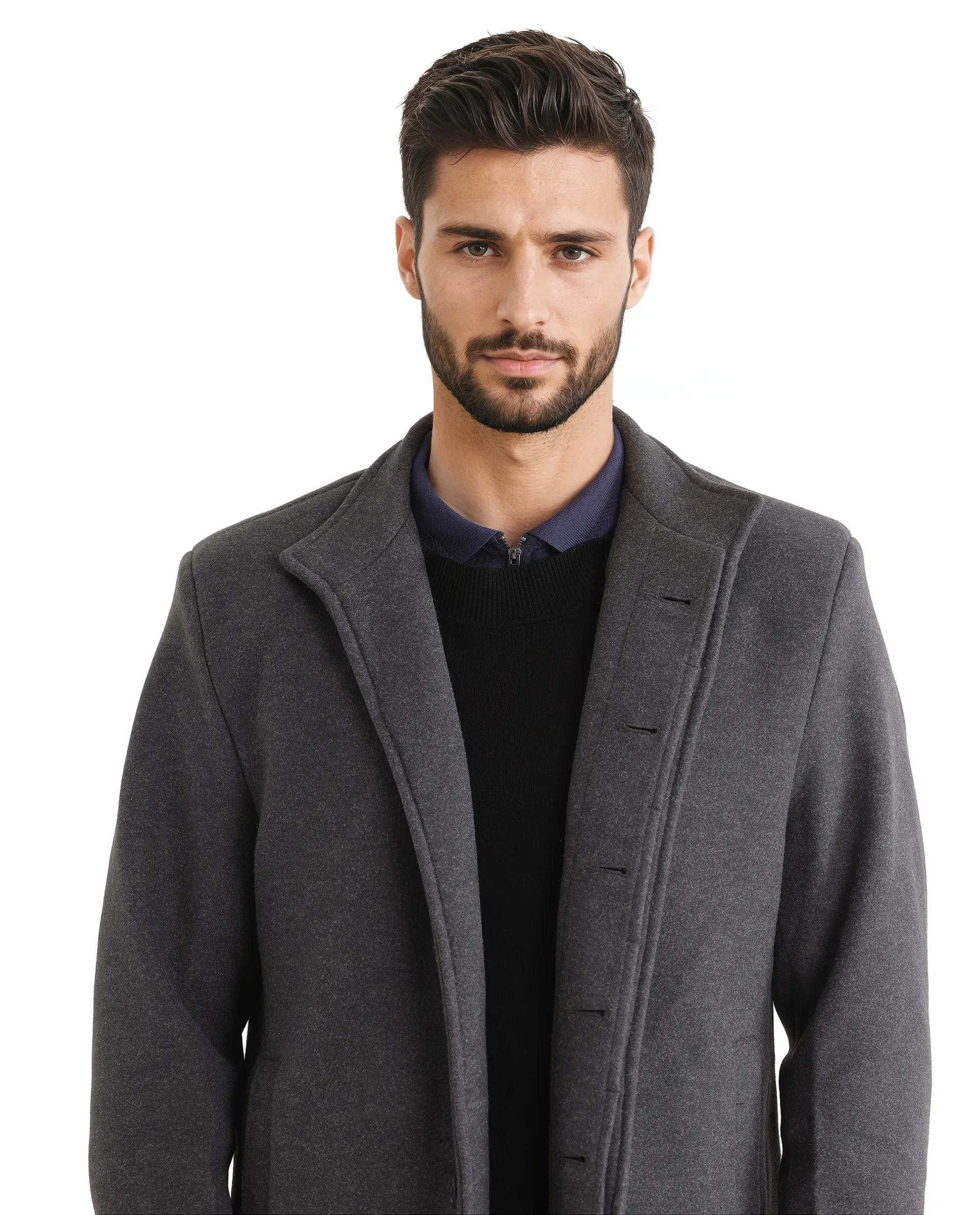 RARE Rabbit Men's Dune - 2 Grey Polyester Plain Relaxed Fit Full Sleeve High Neck Coat