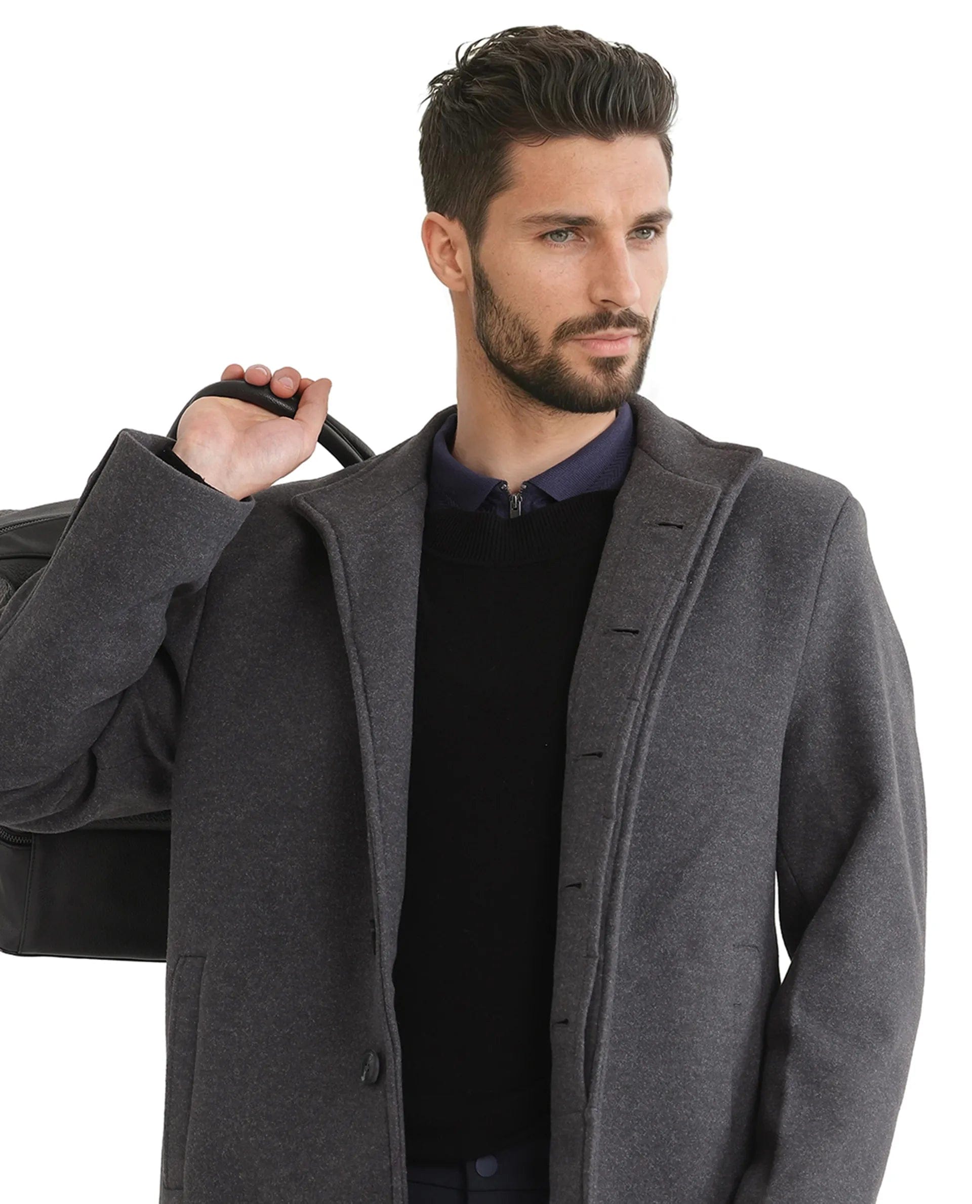 RARE Rabbit Men's Dune - 2 Grey Polyester Plain Relaxed Fit Full Sleeve High Neck Coat