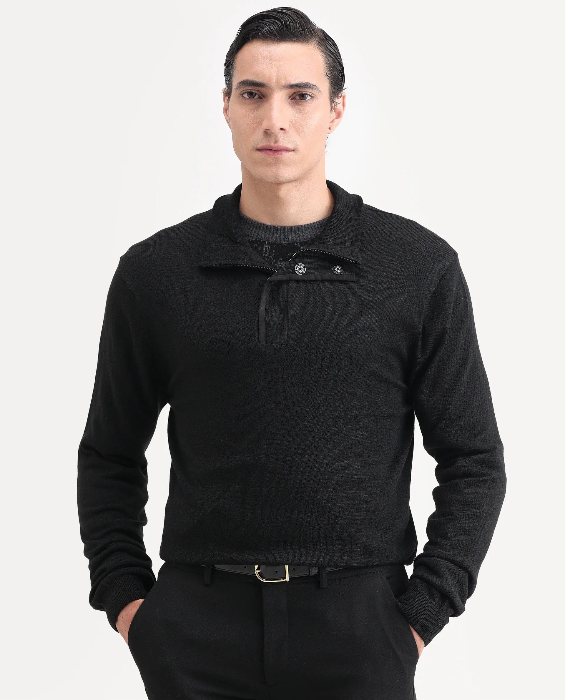 RARE Rabbit Men's Johny - 25 Light Black Acrylic Fabric Full Sleeve High Neck Plain Sweater